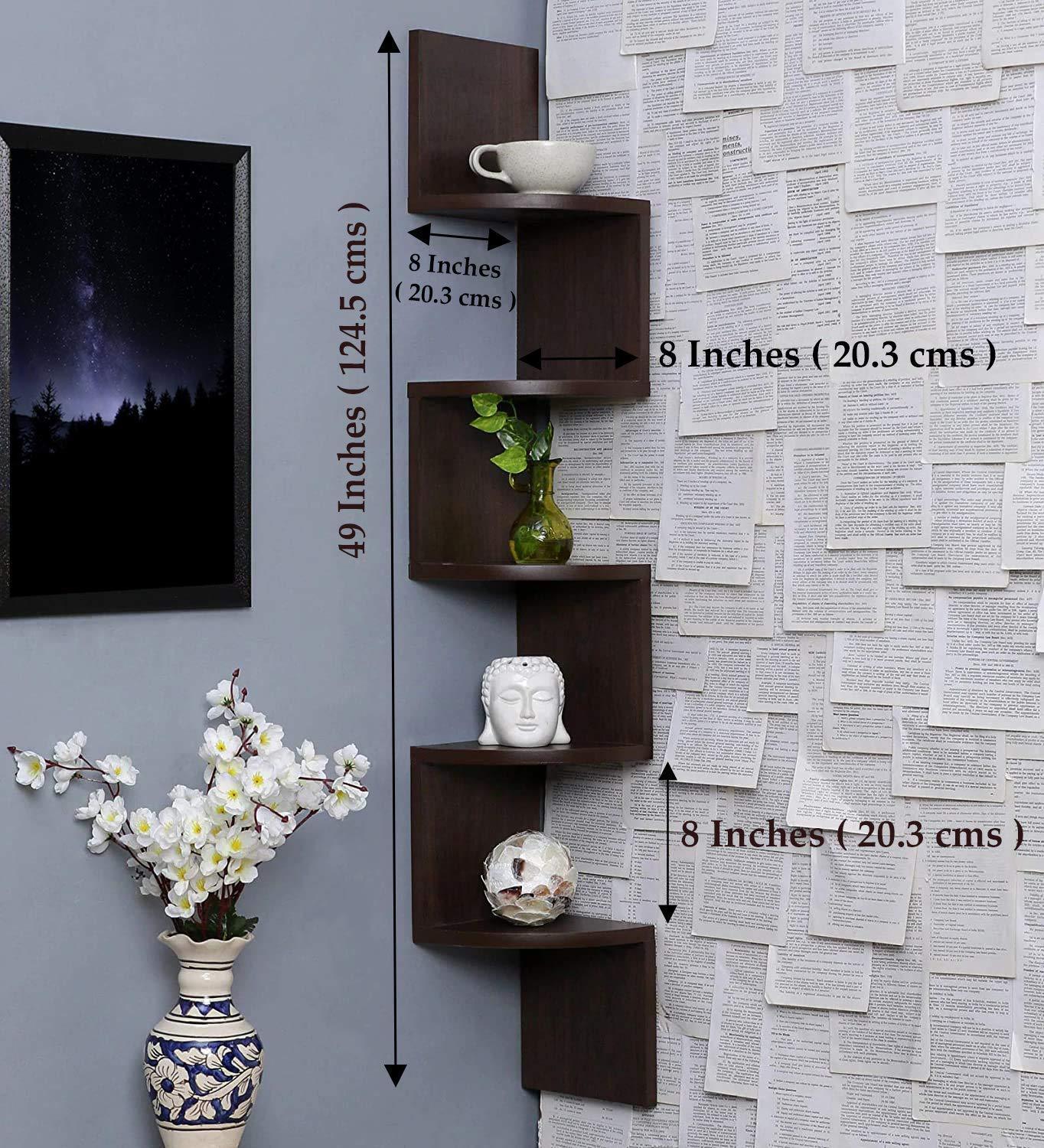 Wooden Wall Shelves | Corner Hanging Shelf for Living Room Stylish | Zig Zag Home Decor Floating Display Rack Storage Organizer Unique Design with Brown Finish 5 Tiers (Set of 2) - Ouch Cart