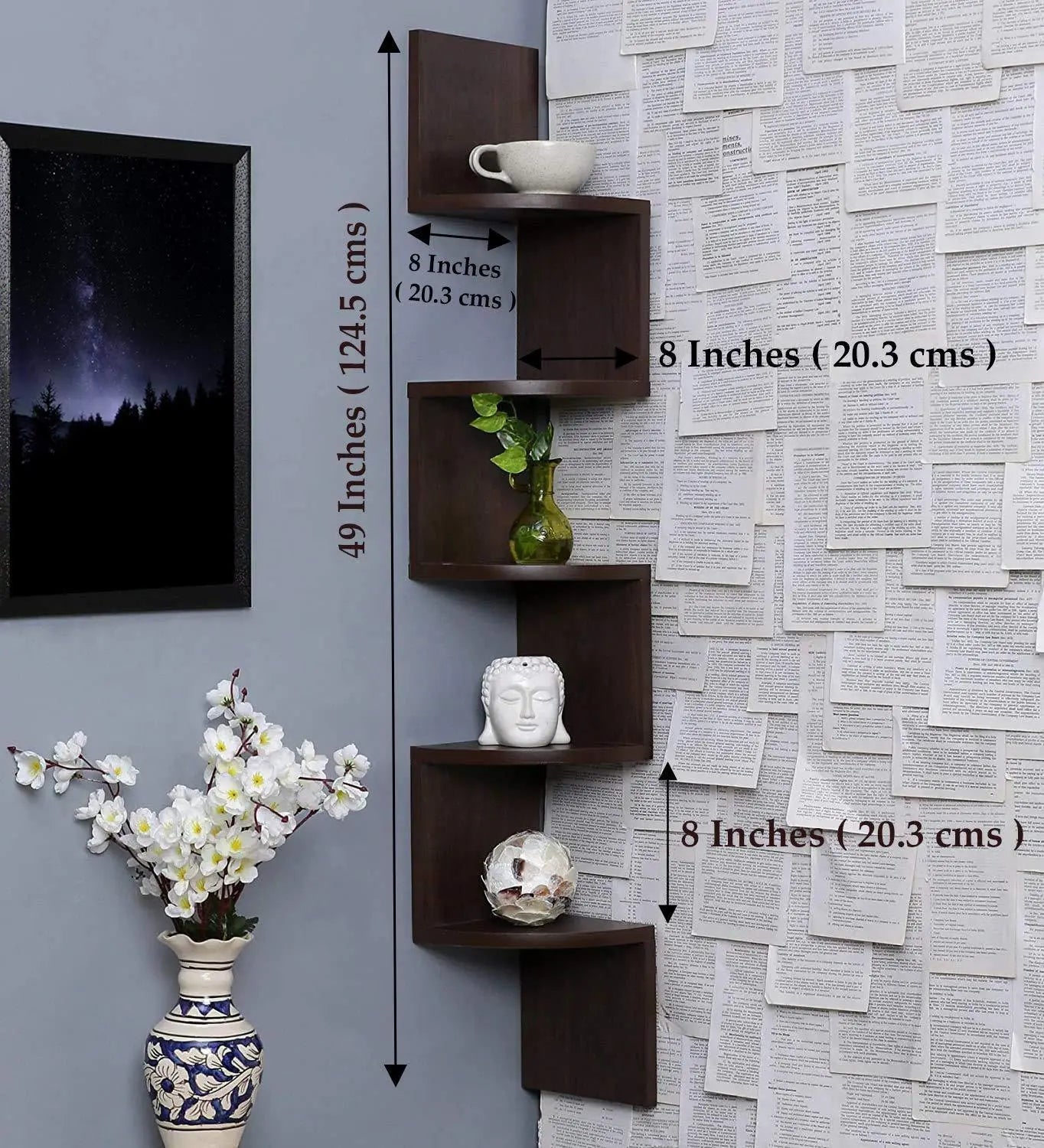 Wooden Wall Shelves | Corner Hanging Shelf for Living Room Stylish | Zig Zag Home Decor Floating Display Rack Storage Organizer Unique Design with Brown Finish 5 Tiers (Set of 2) - Ouch Cart