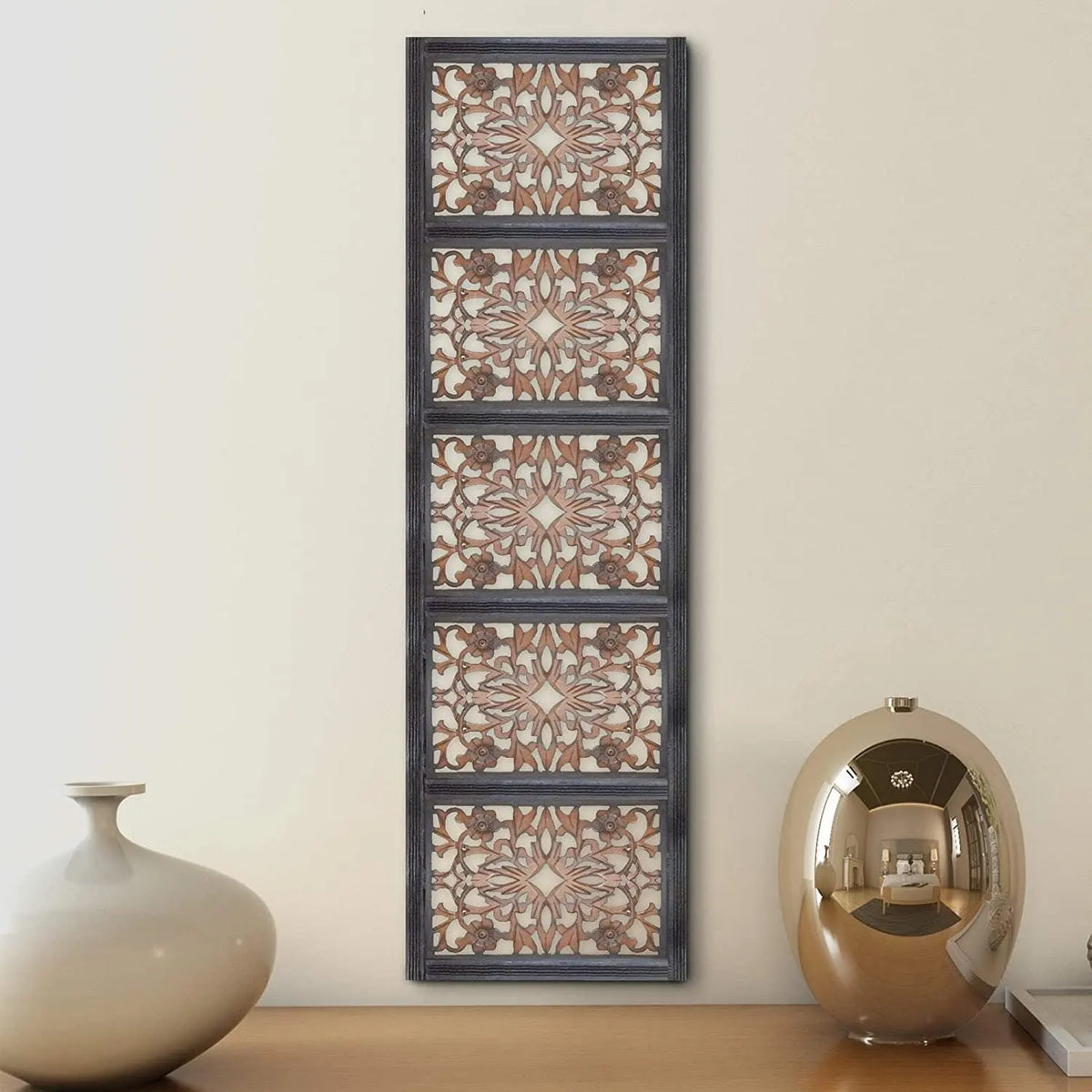 Rectangular Wall Panel with Intricate Floral Carvings, Rectangle, Black and Brown - Ouch Cart