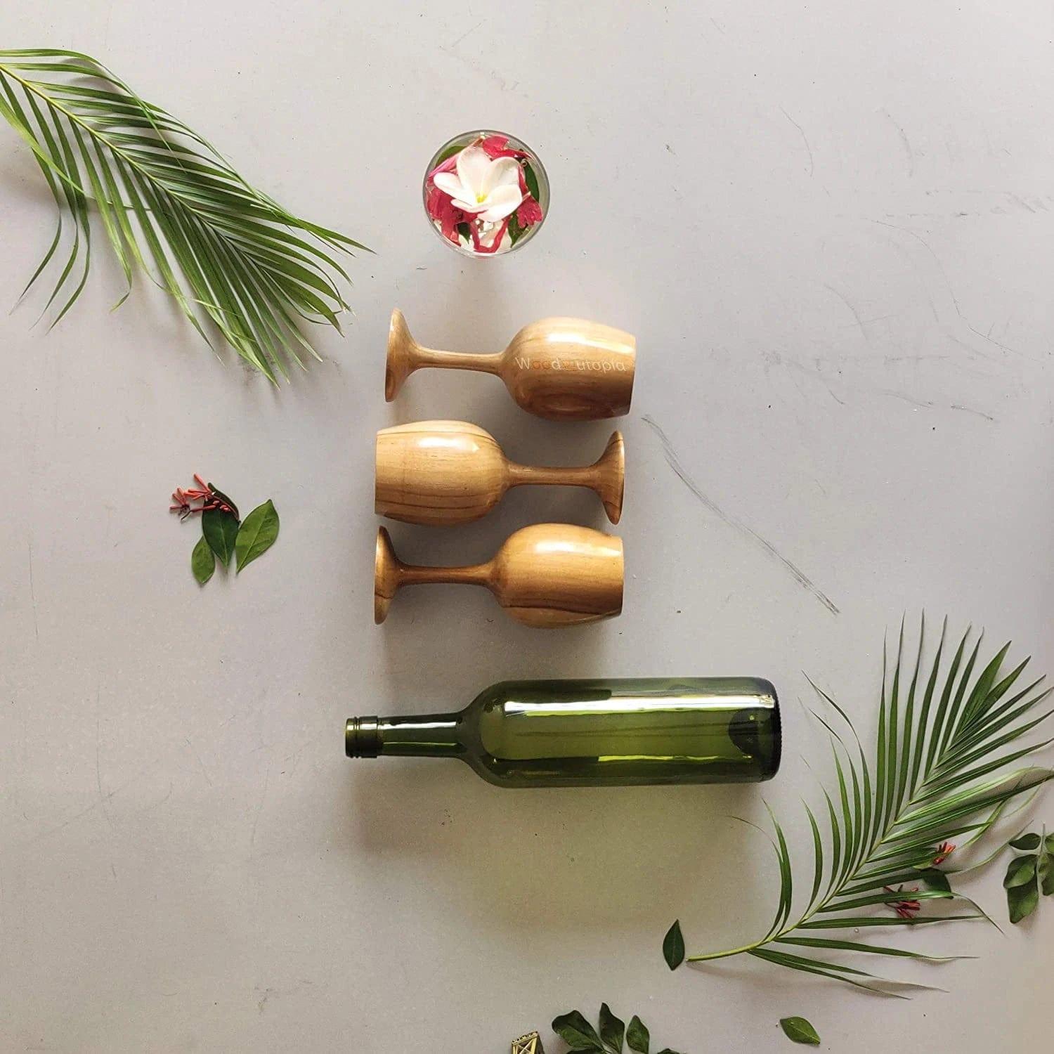 ROYAL LOOK PREMIUM WOODEN WINE GLASS || TEAK WOOD ( SET OF 3 ) - Ouch Cart