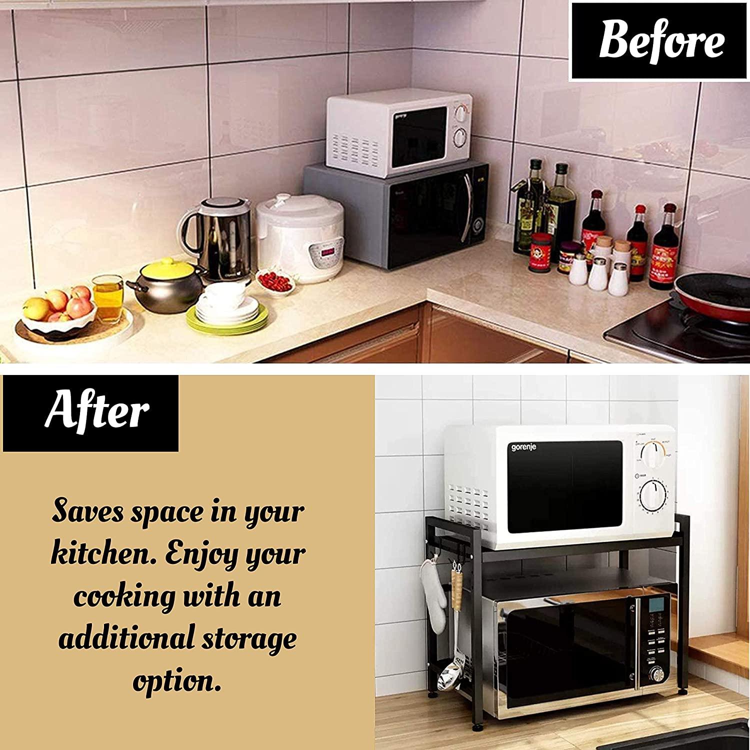 Metal Adjustable Countertop 2-Tier Microwave Oven Rack Organizer with Hooks - Ouch Cart