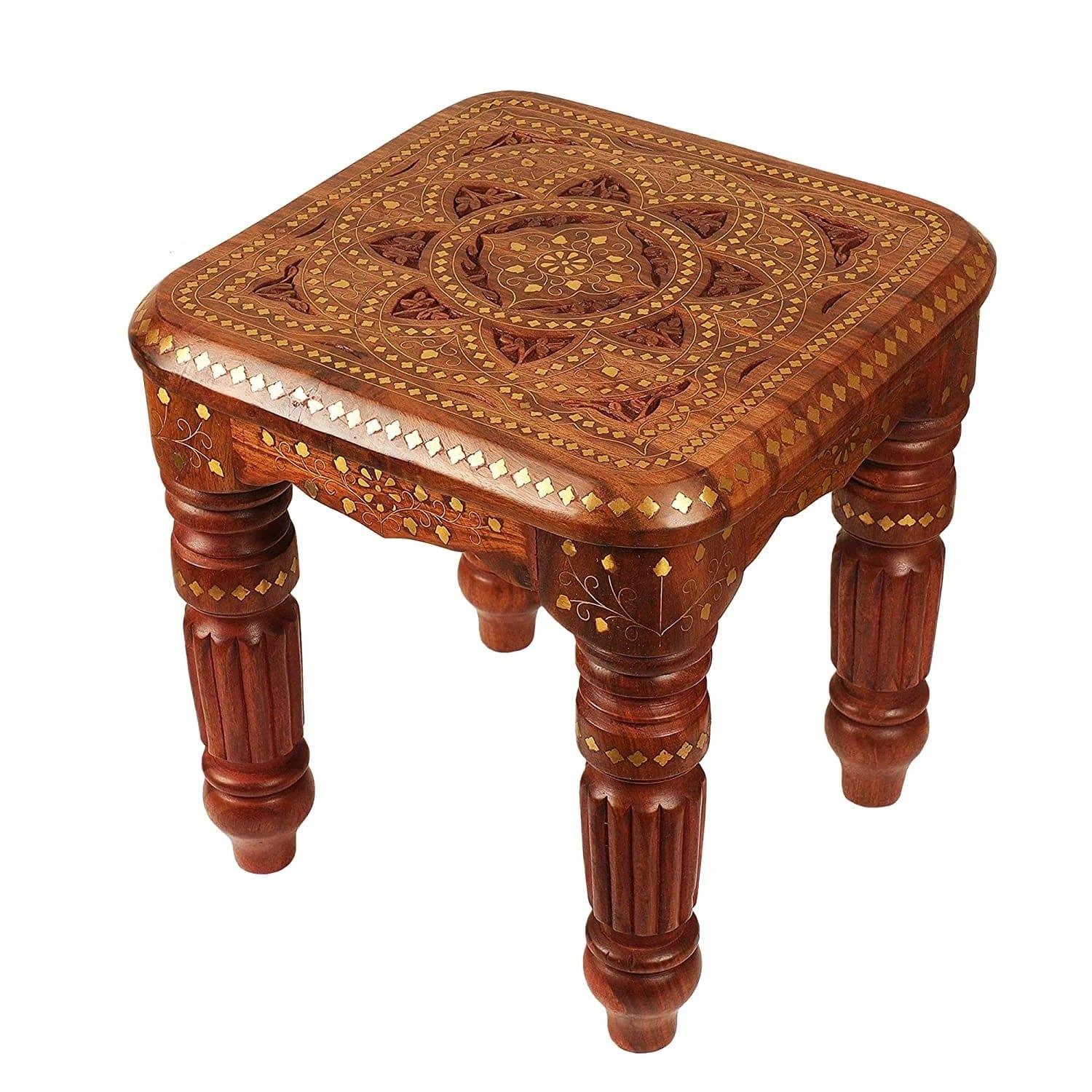 SHEESHAM WOOD BRASS CARVING STOLL II WOODEN CARVING STOOL II ANTIQUE DESIGN STOOL - Ouch Cart