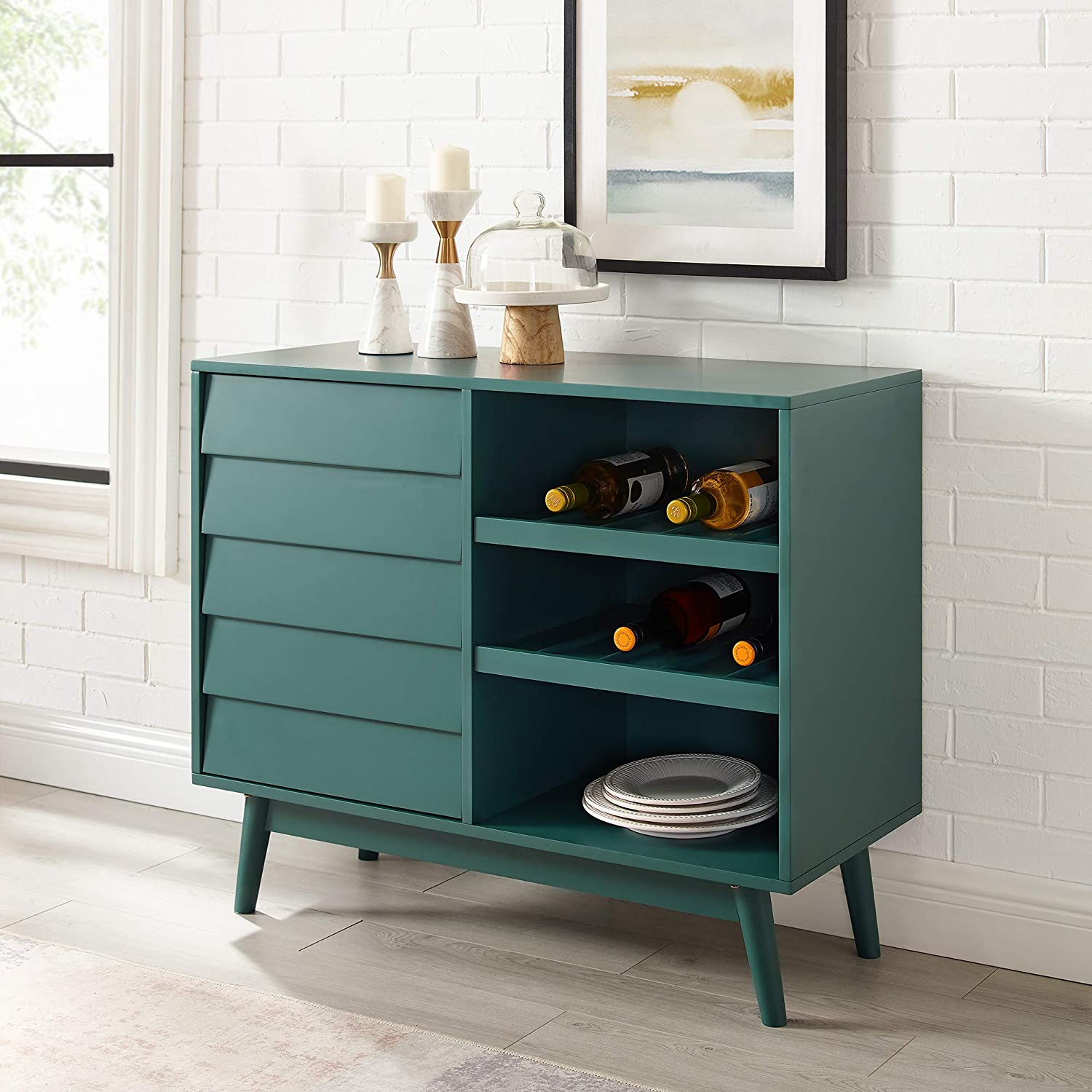 Mid-Century Modern Wood Kitchen Buffet Sideboard with Bottle Storage-Entryway Serving Wine Storage Doors-Dining Room Console Table