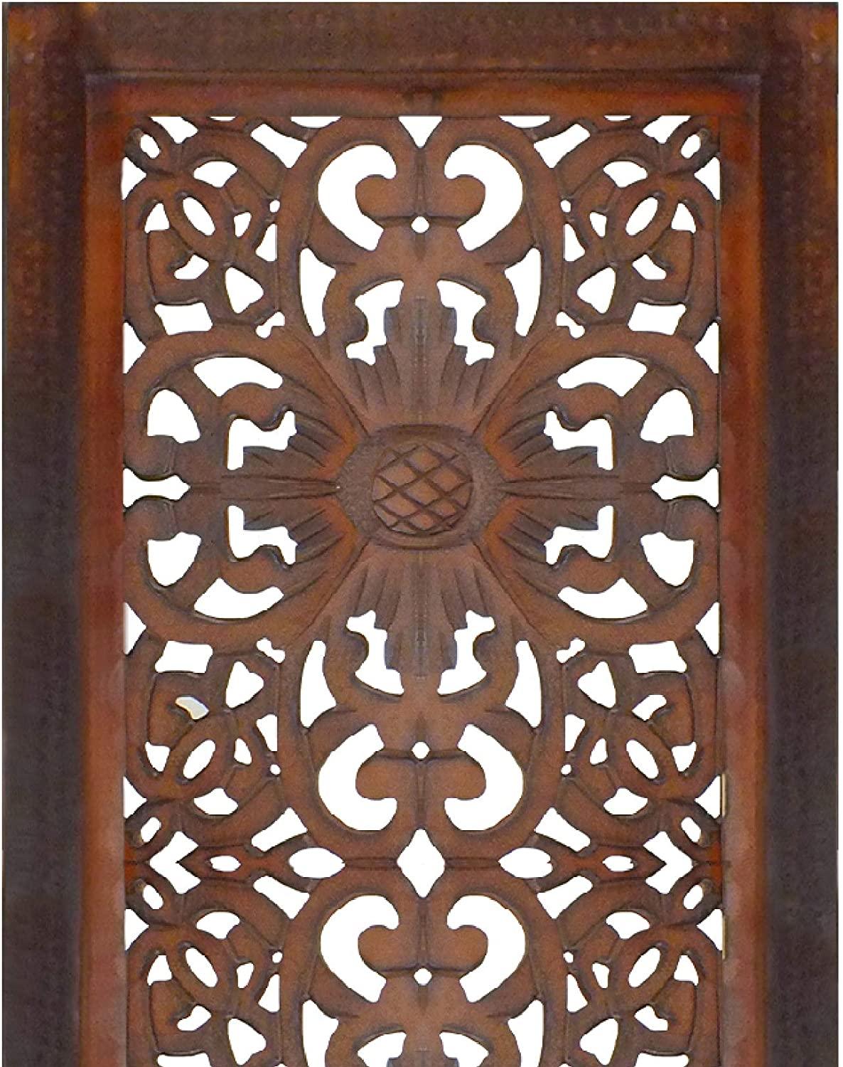 2 Piece Mango Wood Wall Panel Set with Mendallion Carving, Rectangle, Burnt Brown - Ouch Cart