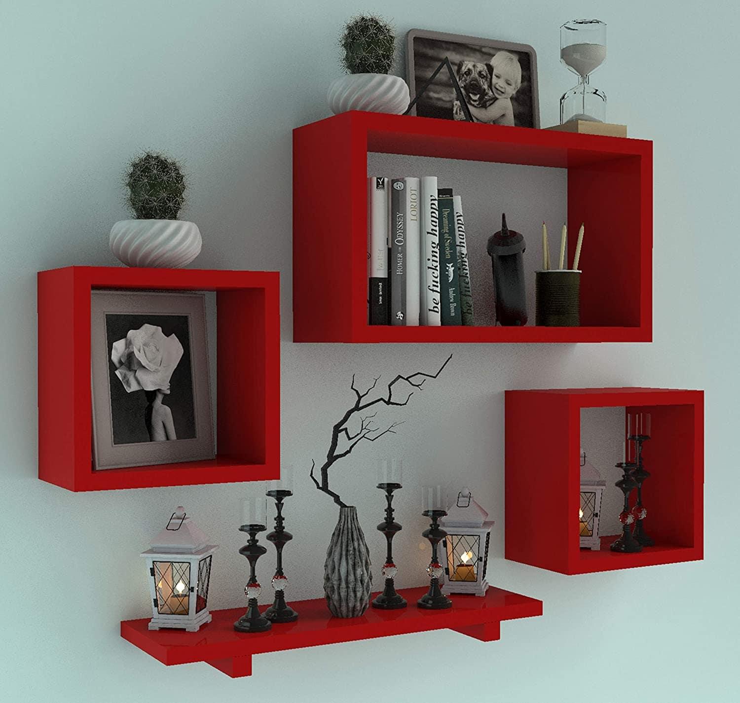 Wooden Floating Wall Shelf with 4 Shelves - MDF Wall Mounted Shelf for Living Room, Bedroom, Office Decor - Ouch Cart