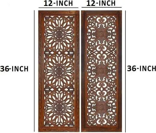2 Piece Mango Wood Wall Panel Set with Mendallion Carving, Rectangle, Burnt Brown - Ouch Cart
