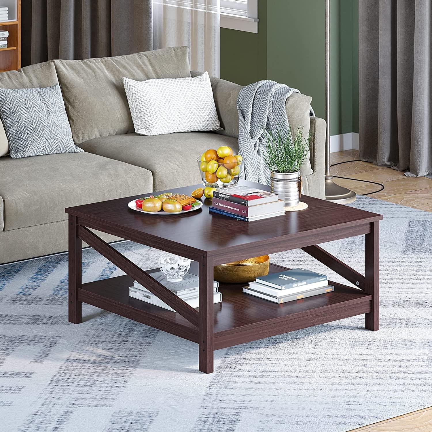 Square Two-Tier Coffee Tables with Storage,Coffee Table for Living Room, Center Table Coffee Table for Home ,Wood Living Room Table - Ouch Cart