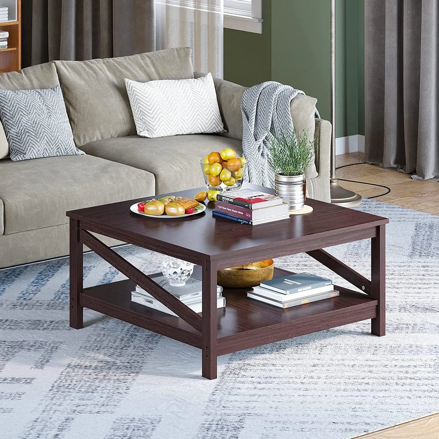 Square Two-Tier Coffee Tables with Storage,Coffee Table for Living Room, Center Table Coffee Table for Home ,Wood Living Room Table - Ouch Cart