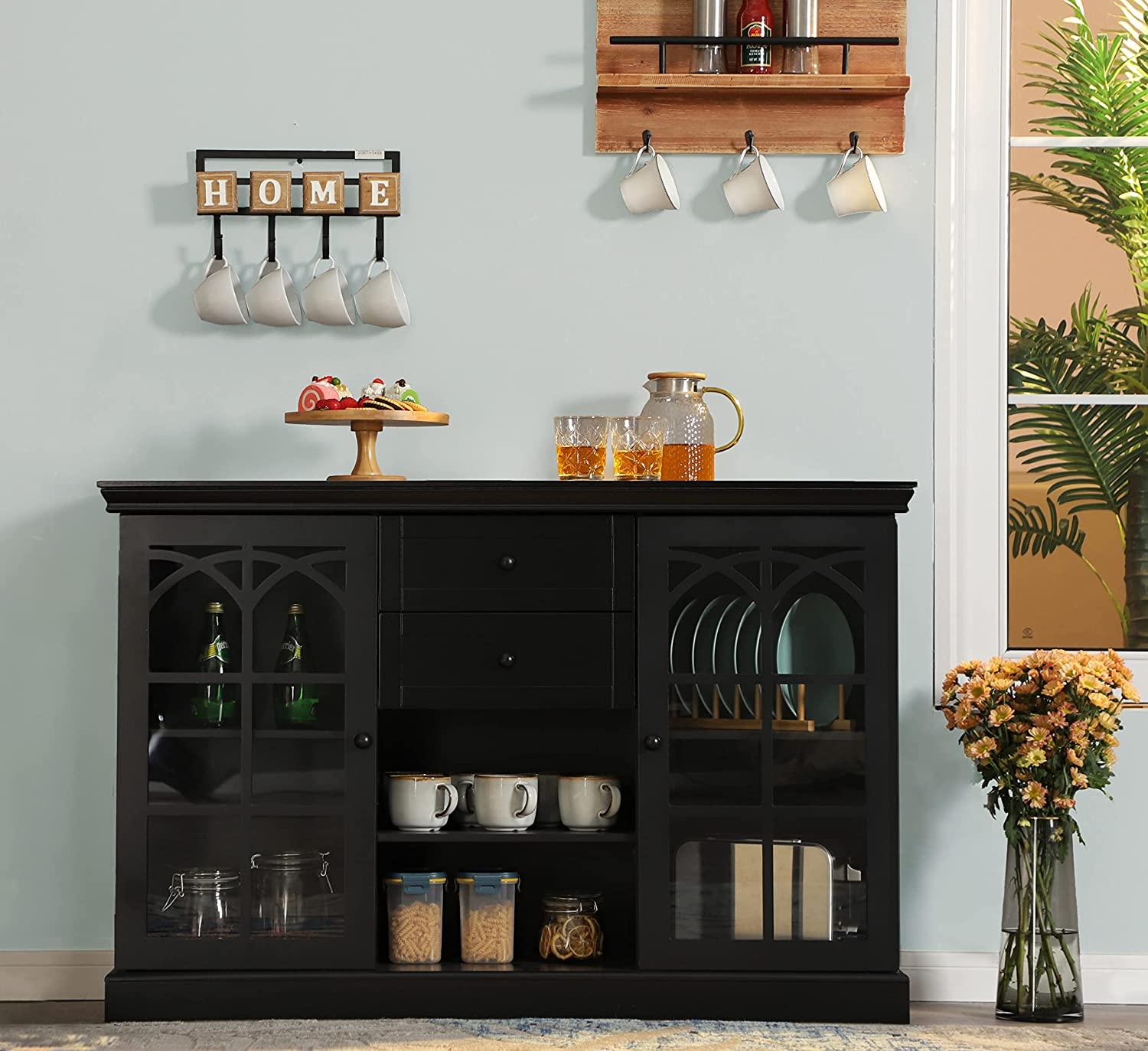 Kitchen Hutch Sideboard Wood Buffet Cabinet Kitchenware Server with Wine Bottle Modulars and 3 Large Drawers Black