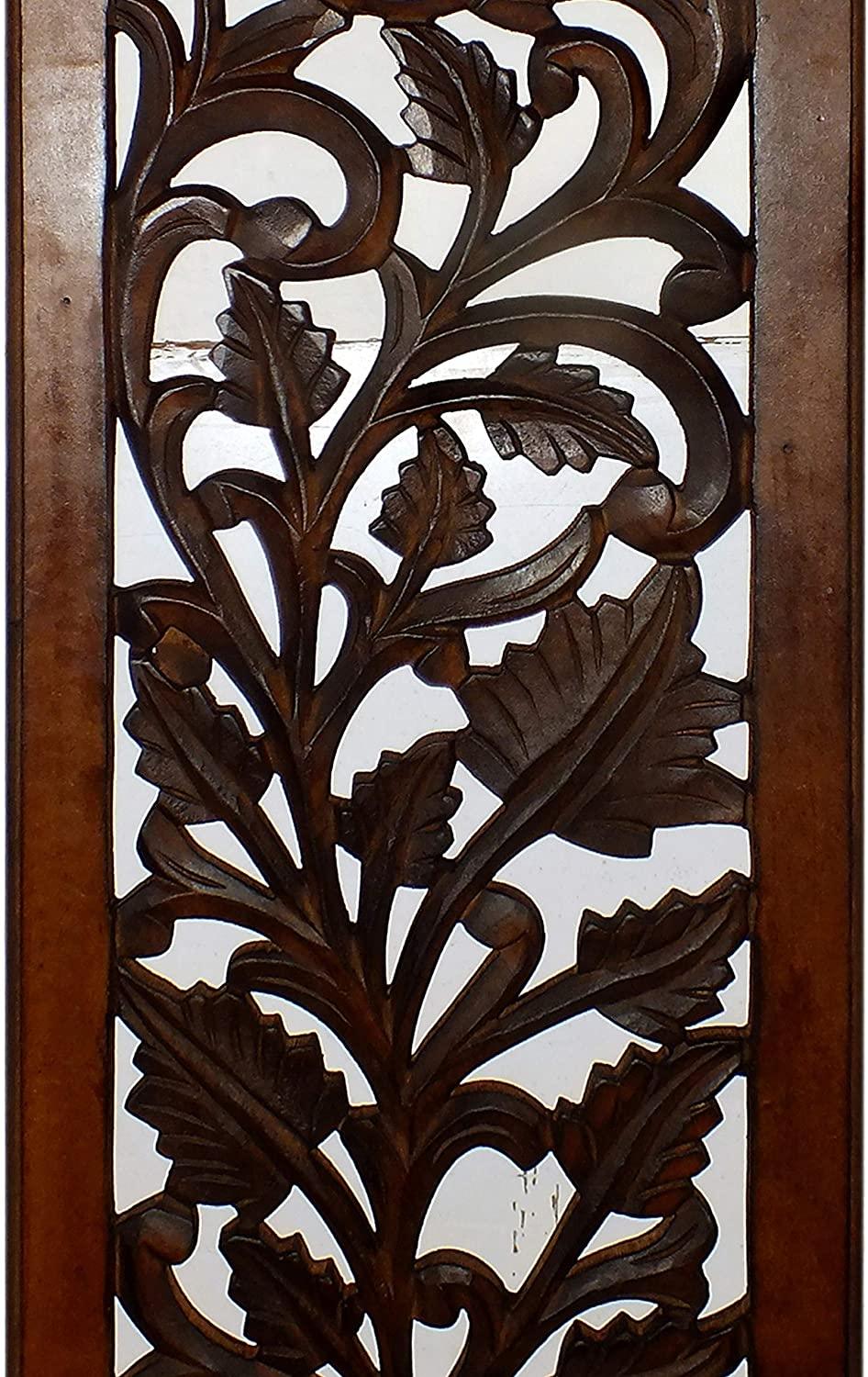 Mango Wood Wall Panel Hand Crafted with Leaves and Scroll Work Motif, Rectangle, Brown - Ouch Cart