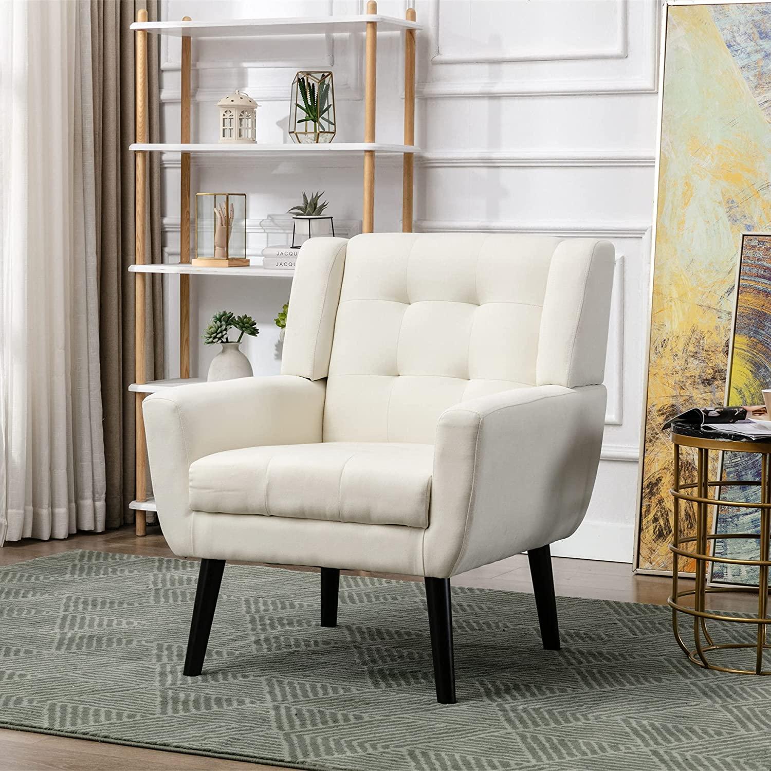 Modern Accent Chair with Arms, Upholstered Linen Fabric Reading Side Chair Tufted Back Decorative Wingback Chair for Living Room Bedroom - Ouch Cart