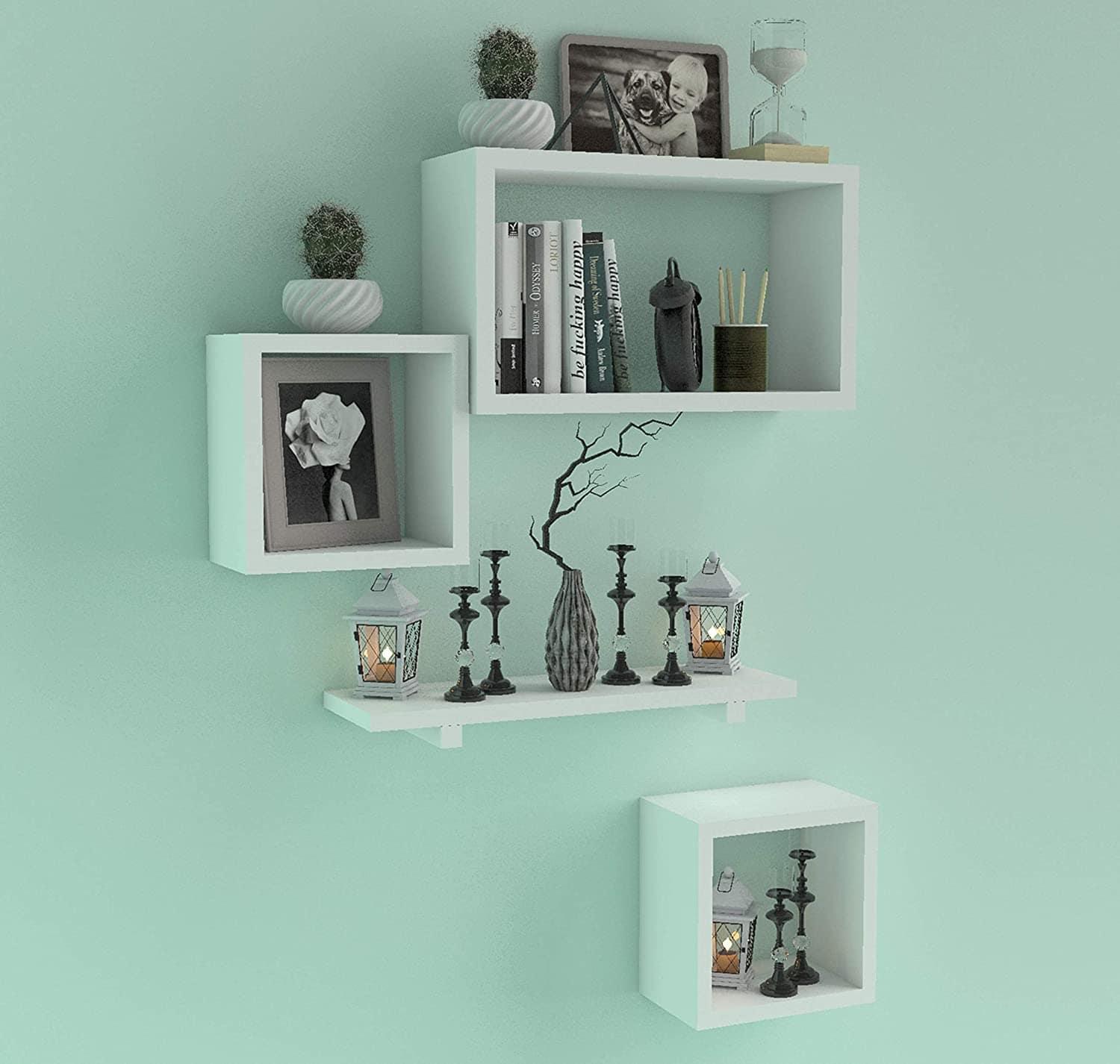 Wooden Floating Wall Shelf with 4 Shelves - MDF Wall Mounted Shelf for Living Room, Bedroom, Office Decor - Ouch Cart