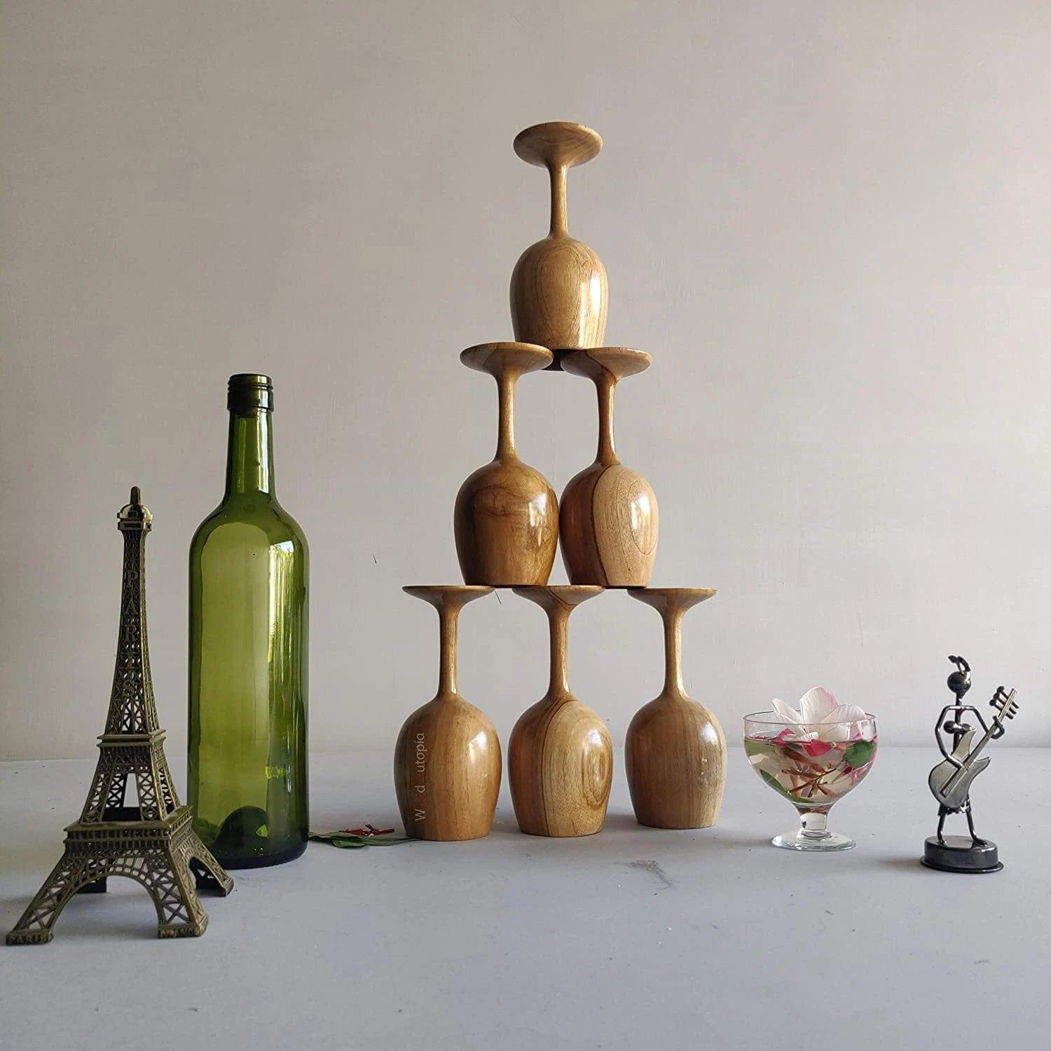 ROYAL LOOK PREMIUM WOODEN WINE GLASS || TEAK WOOD ( SET OF 6 ) - Ouch Cart