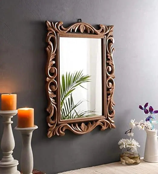 Wood Handcrafted Wall Mirror for Bedroom Home Decor Living Room Bathroom, 60 X 45 1.9 cm (Brown) Rectangular, Framed - Ouch Cart