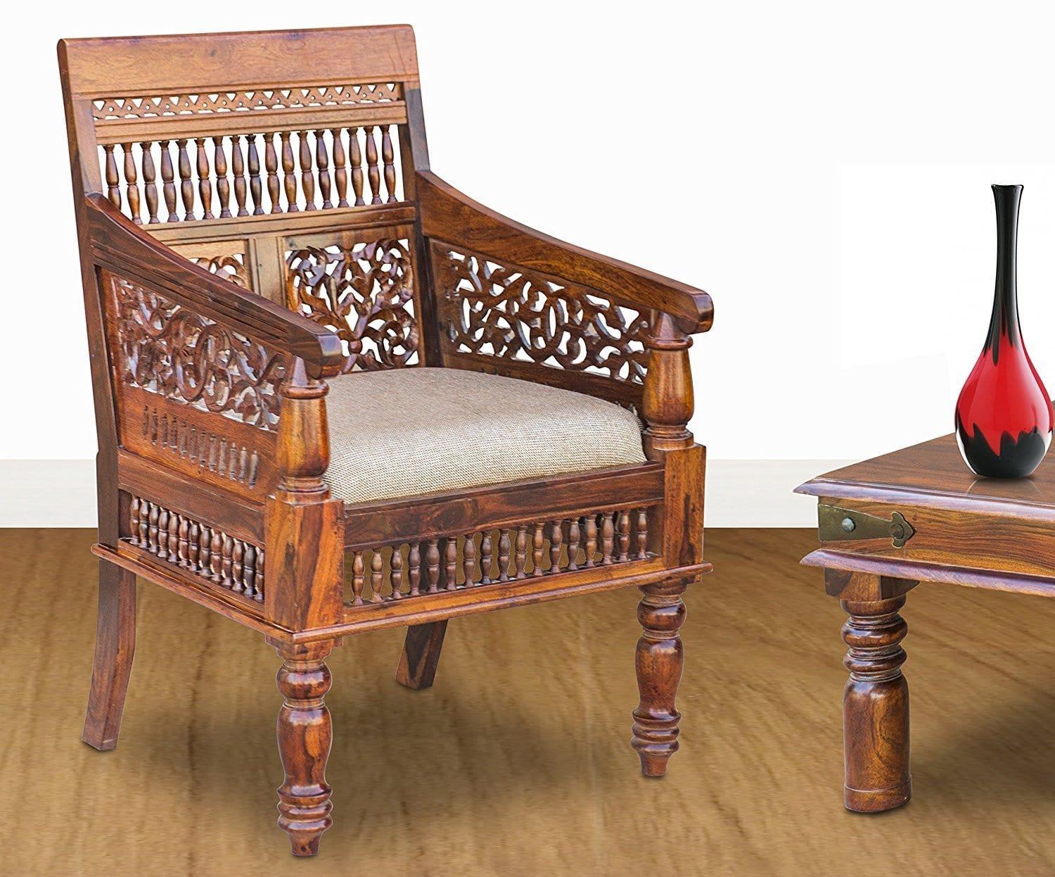Pure Sheesham Wood Antique Look Seating Chair/Wooden Handmade King of Chair for Living Room - Ouch Cart