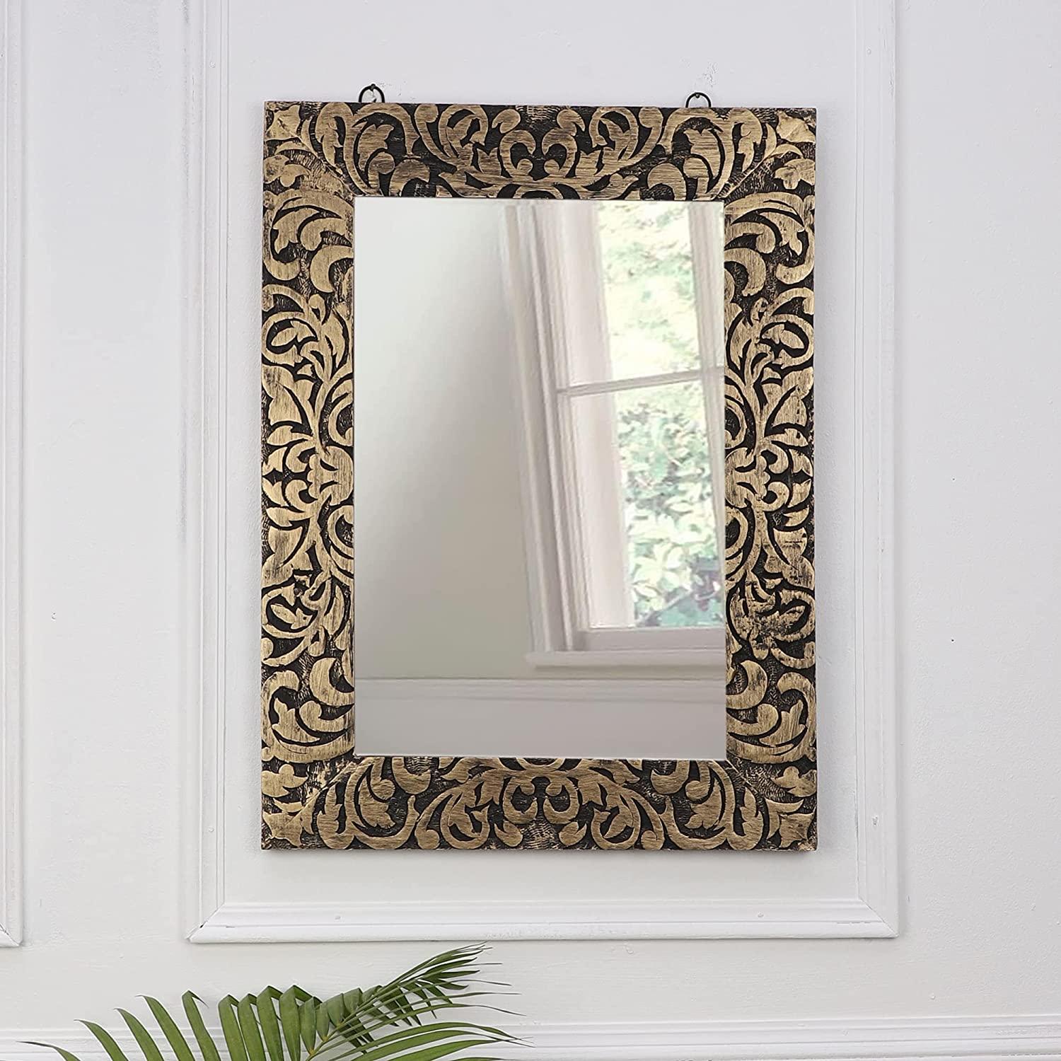 Wood Handcrafted Wall Mirror for Bedroom, Home Decor, Living Room, Bathroom, 59 X 43 2.5 Cm (Gold) - Ouch Cart