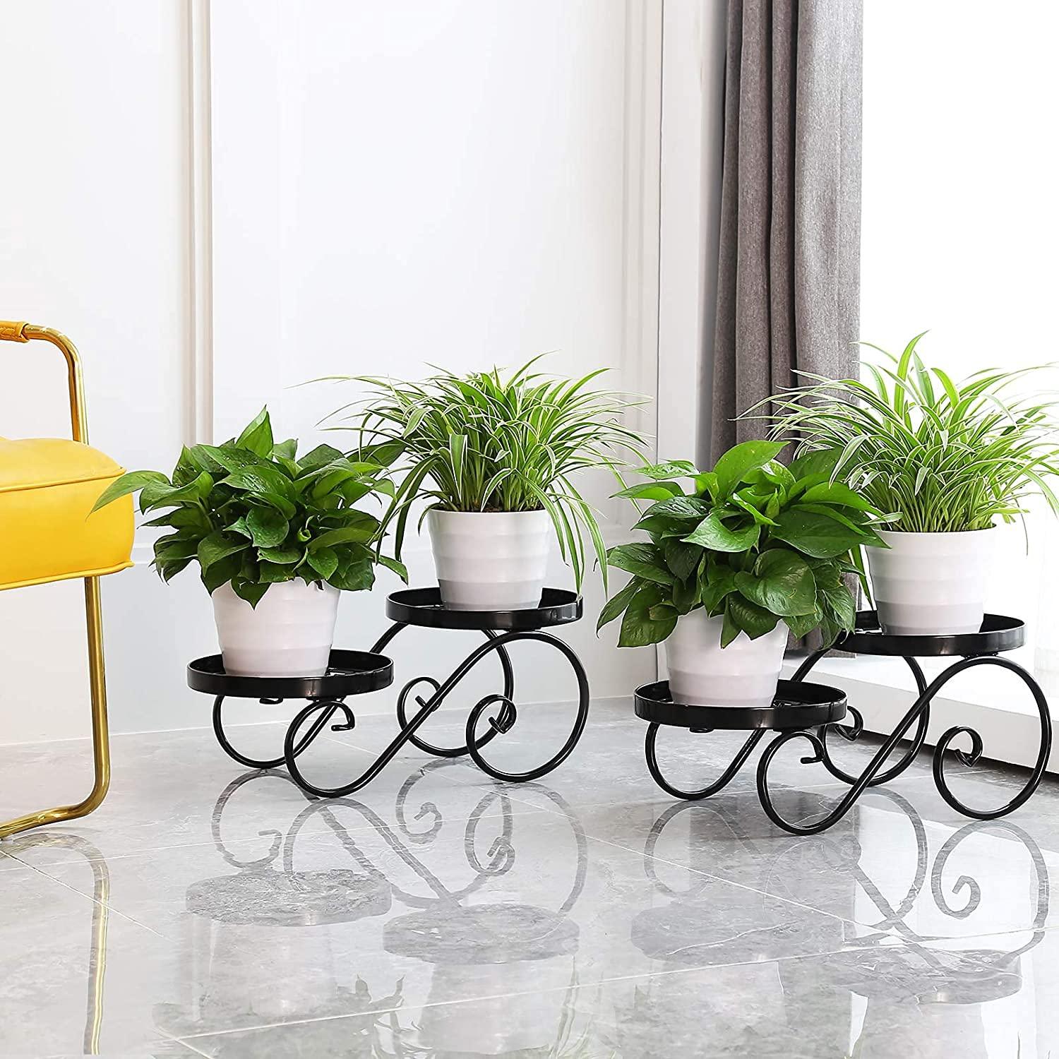 Plant Stand for Indoor Black Plant Stand Floor Flower Pot Plant Holder Indoor Outdoor Flower Rack Display for Flower Pot Metal Garden Container Round Supports Rack (2 Piece) - Ouch Cart