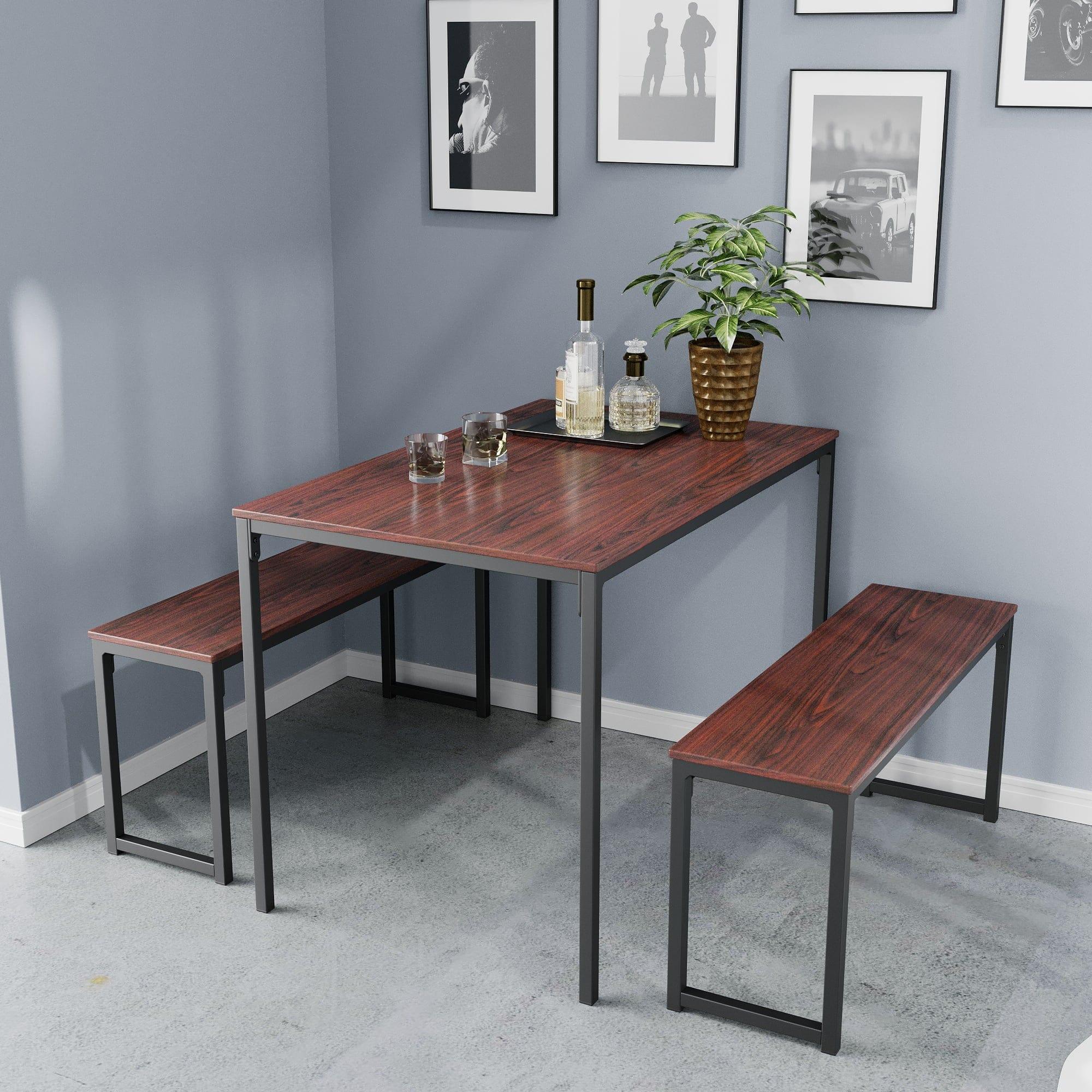 3-Piece Dining Table Set with 2 Benches Wood Table Top at OUCH CART