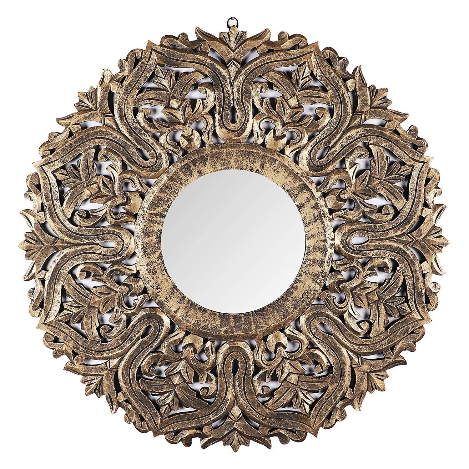 Decorative Hand Crafted Wooden Mirror Frame in Antique Gold Finish (30 x 30 Inch), - Ouch Cart