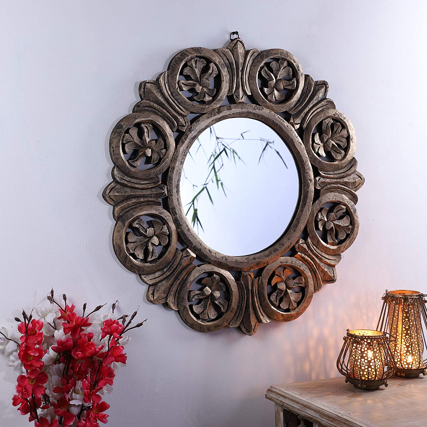 Decorative Hand Crafted Engineered Wooden Round Wall Mount Mirror Frame in Antique Gold Finish (Model: TUS-MR-50, Gold, Medium, 24 x24)