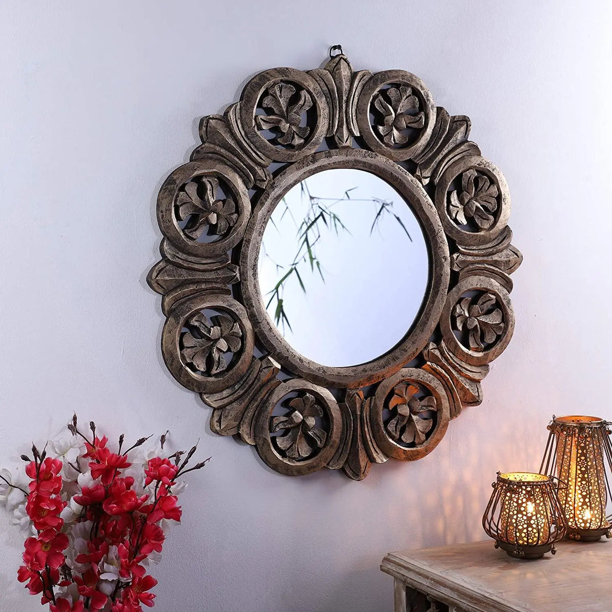 Decorative Hand Crafted Engineered Wooden Round Wall Mount Mirror Frame in Antique Gold Finish (Model: TUS-MR-50, Gold, Medium, 24 x24) - Ouch Cart