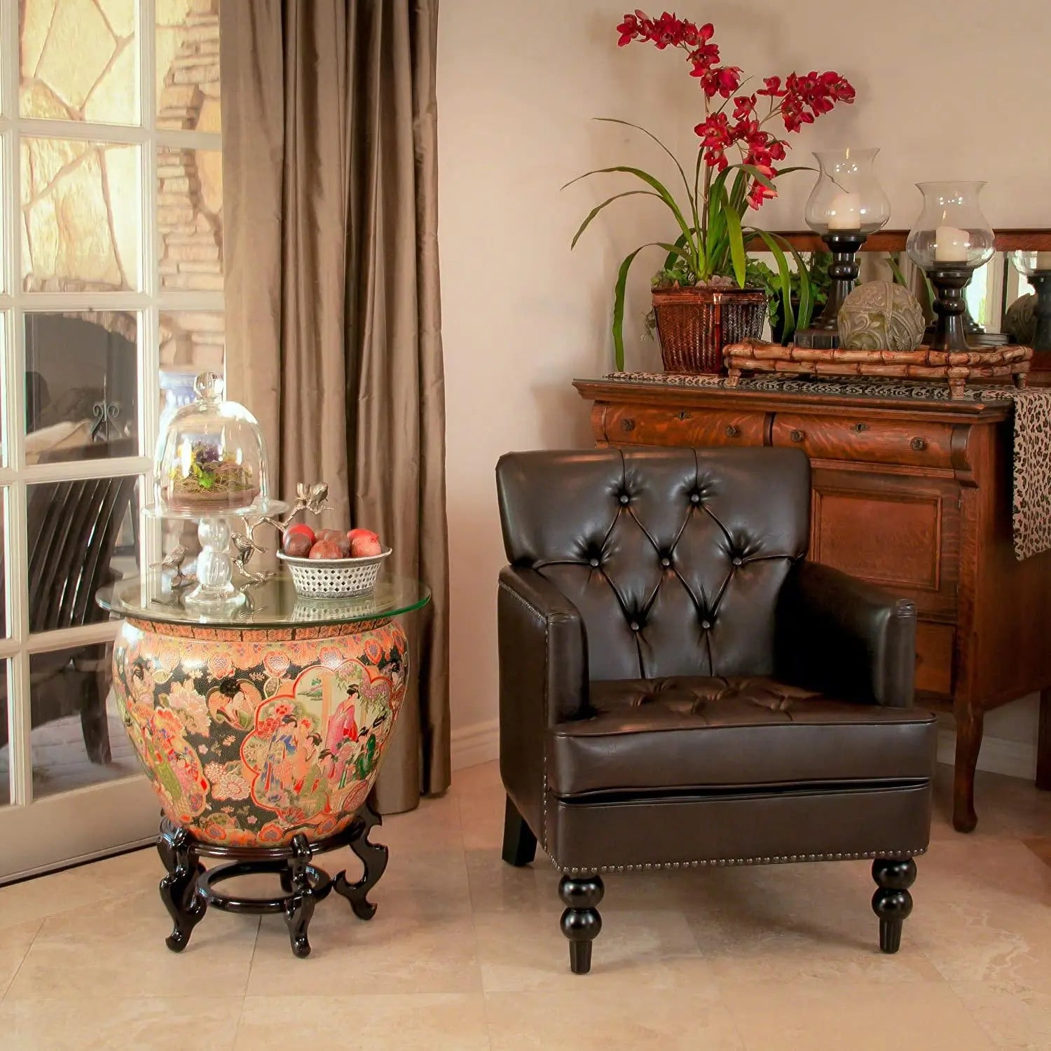Wide Tufted Upholstery Club Chair with Arm Rest , Brown - Ouch Cart