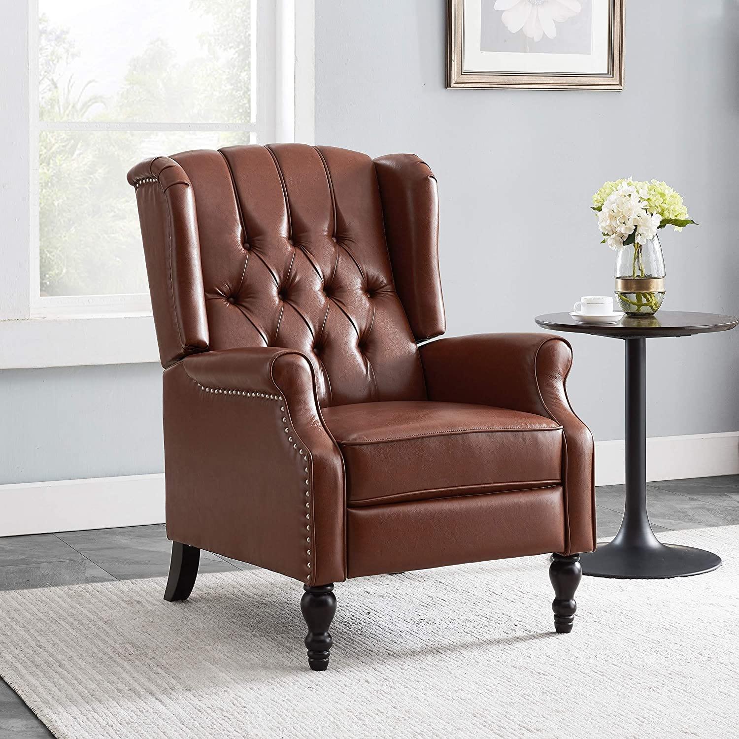 Contemporary Wide Tufted Recyliner Wooden Chair , Cognac Brown, Dark Brown - Ouch Cart