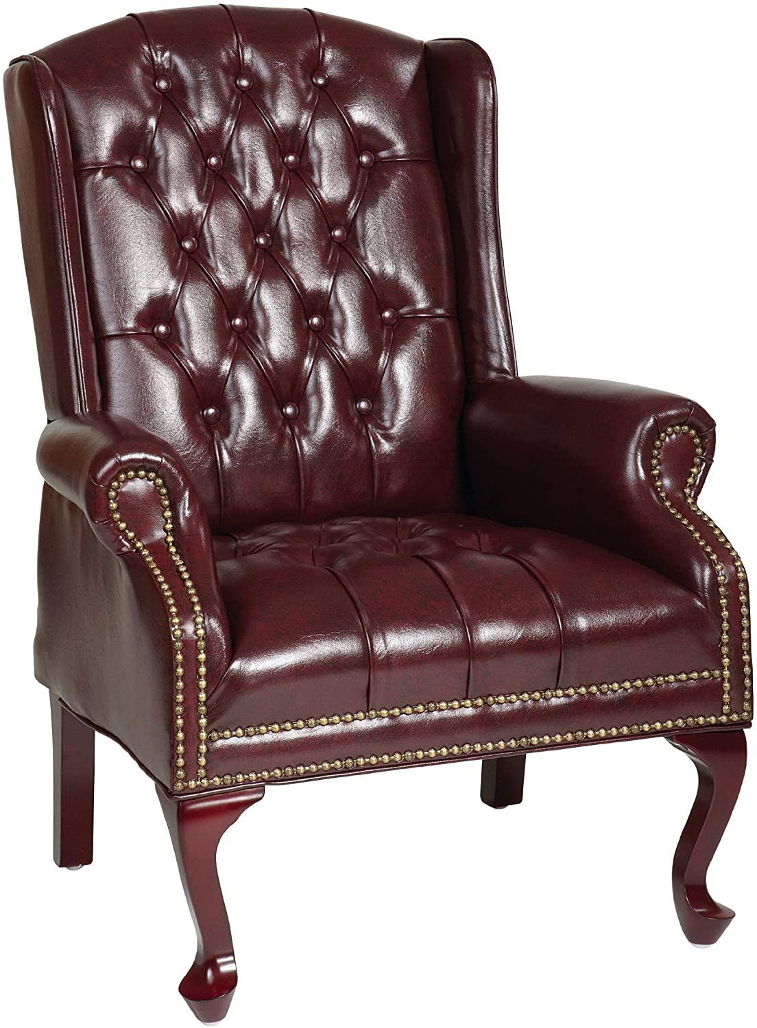 Tufted High Back Traditional Queen Anne Style Chair with Nailhead Accents and Mahogany Finish Legs - Ouch Cart