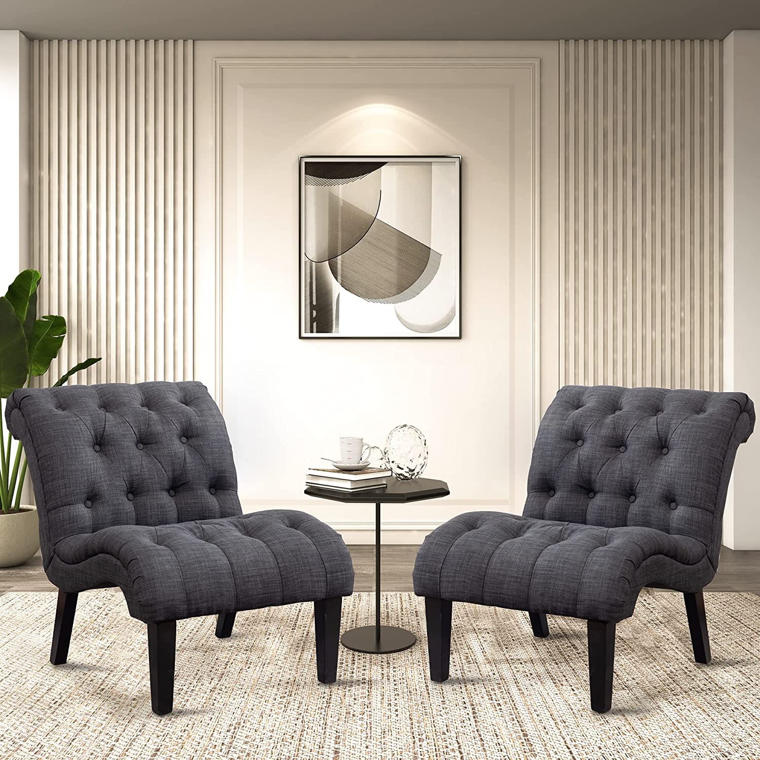 Accent Chairs Set of 2 Living Room Bedroom Upholstered Tufted Curved Backrest Fabric Lounge Chair with Wood Legs