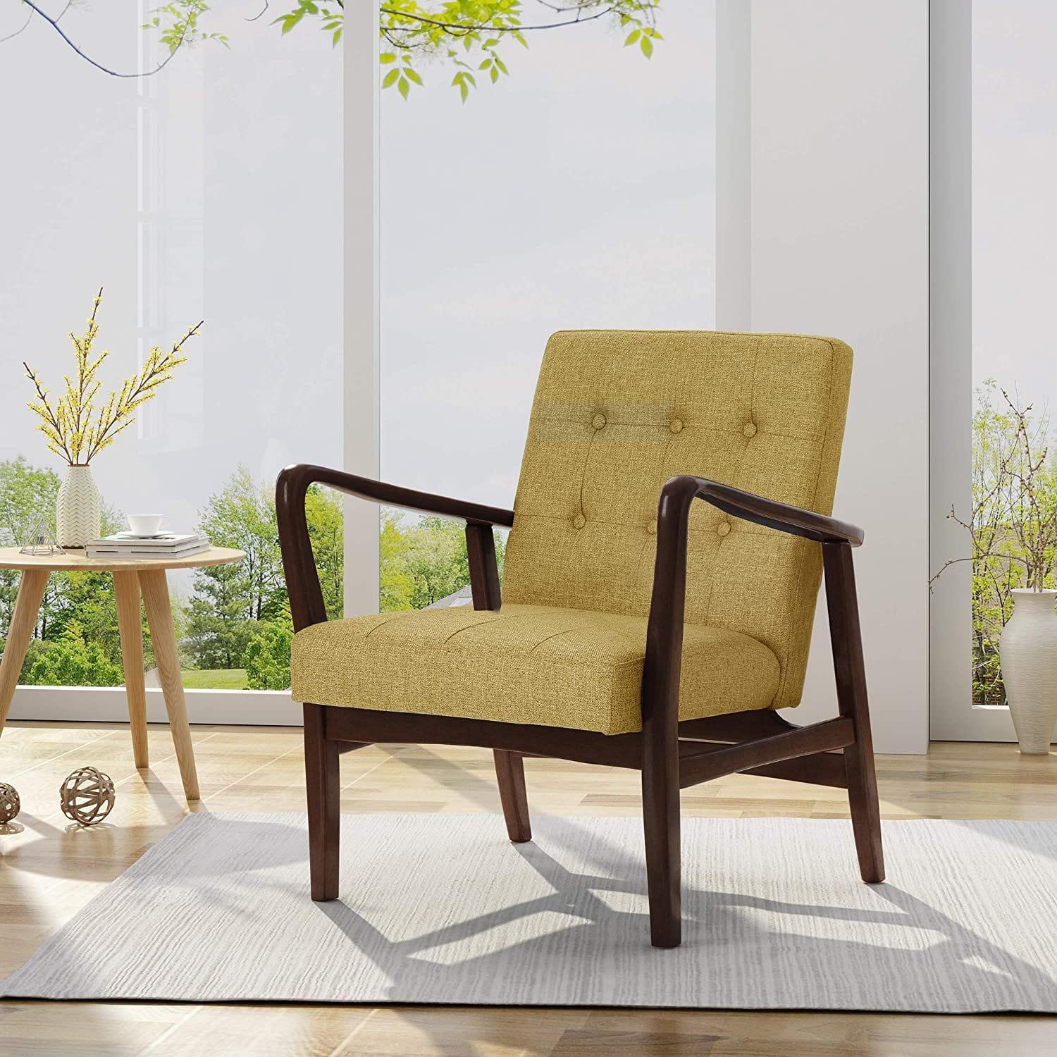 Conrad Fabric Mid-Century Birch Club Chair, Wasabi and Dark Espresso, Mustard - Ouch Cart