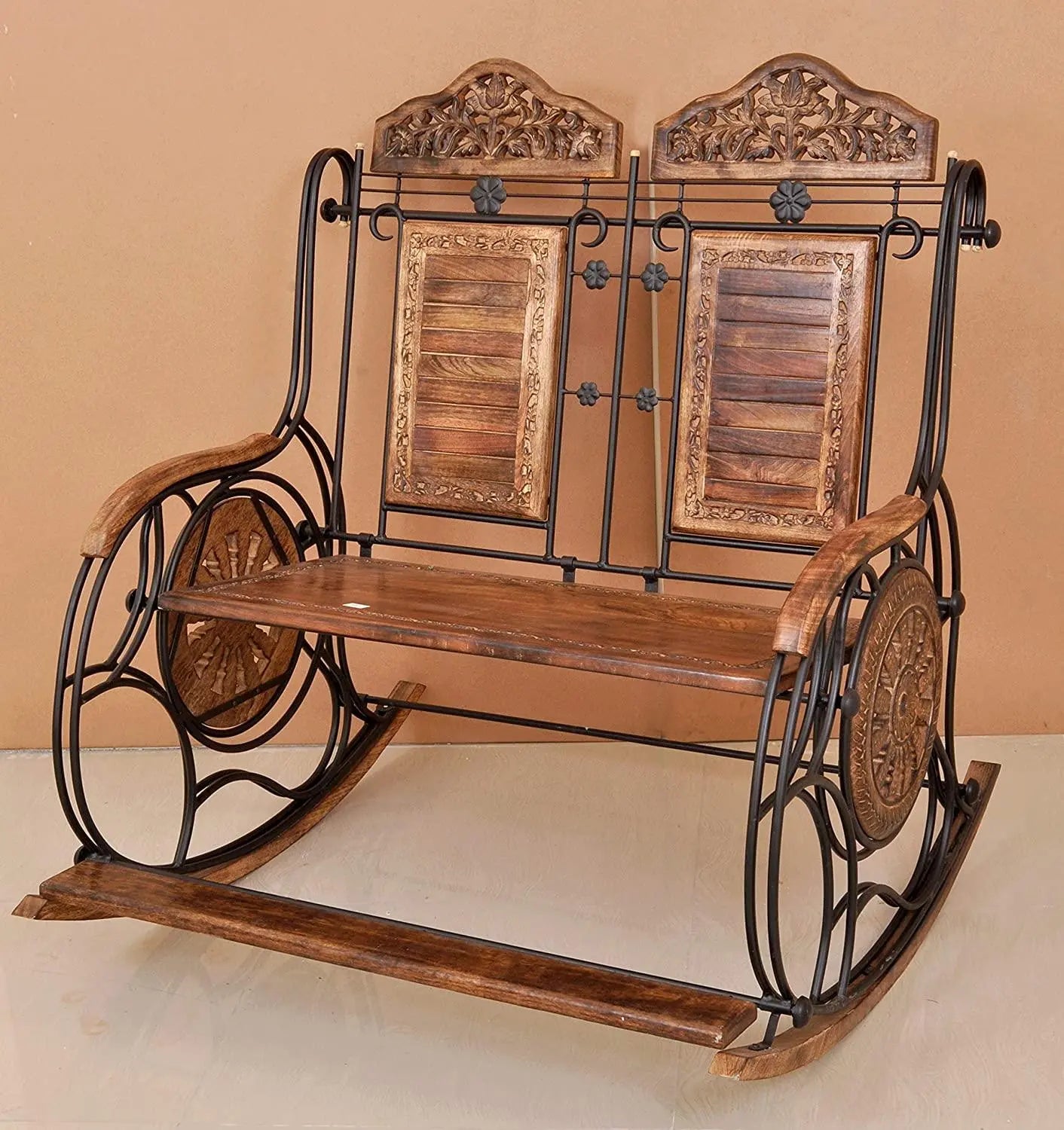 Wooden & Iron Rocking Chair Couple Chair (Brown) - Ouch Cart