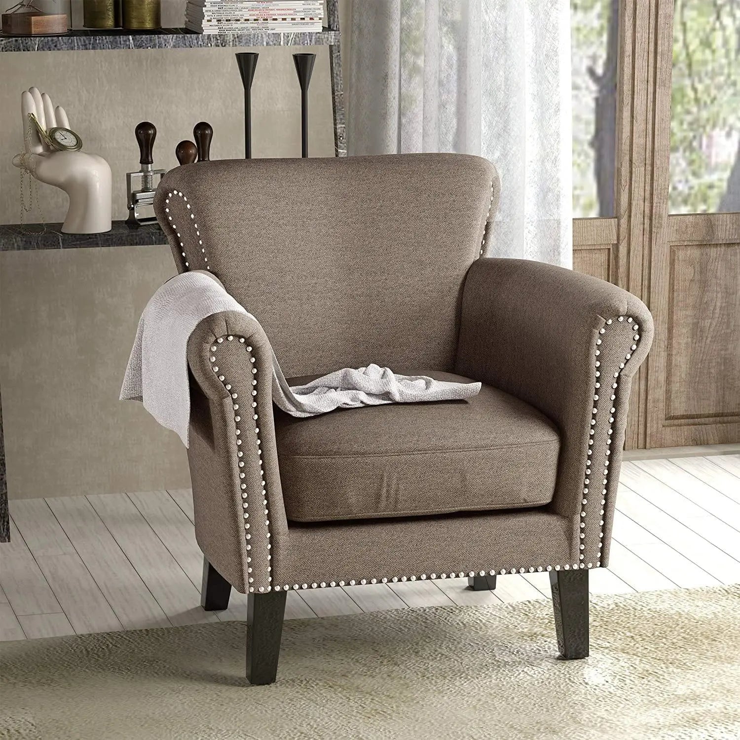 Brice Vintage Scroll Arm Studded Fabric Club Chair - Ouch Cart