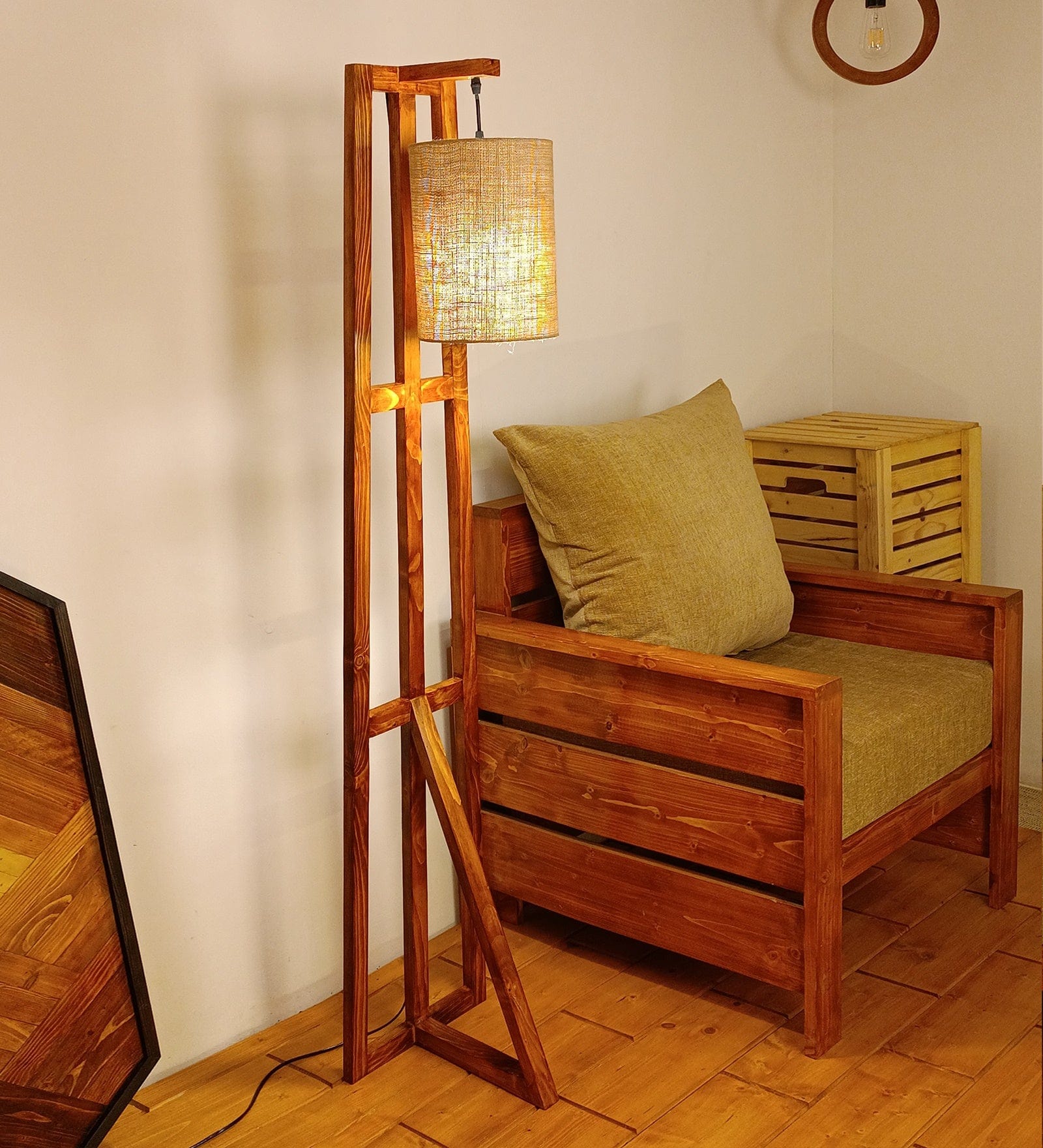 Achille Wooden Floor Lamp with Brown Base and Jute Fabric Lampshade (BULB NOT INCLUDED)