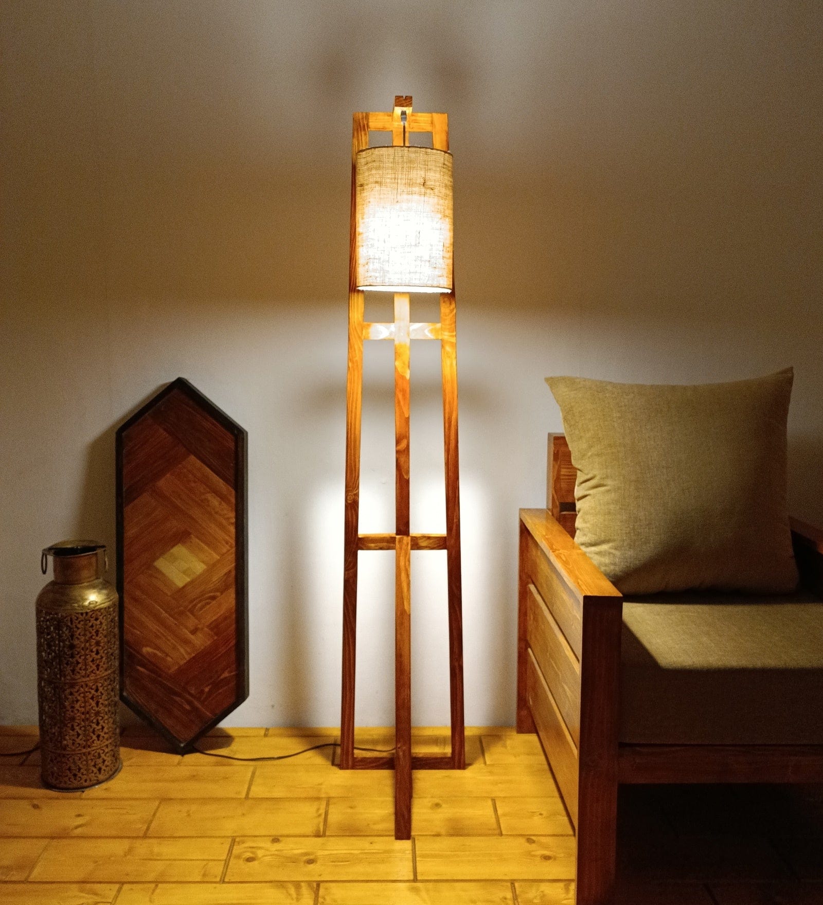 Achille Wooden Floor Lamp with Brown Base and Jute Fabric Lampshade (BULB NOT INCLUDED)
