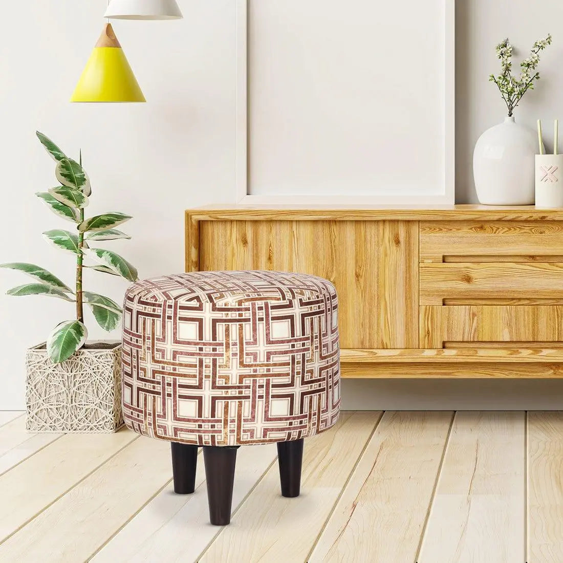 DOE BUCK ROUND PRINTED GOLD OTTOMAN WITH METAL LEG - Ouch Cart