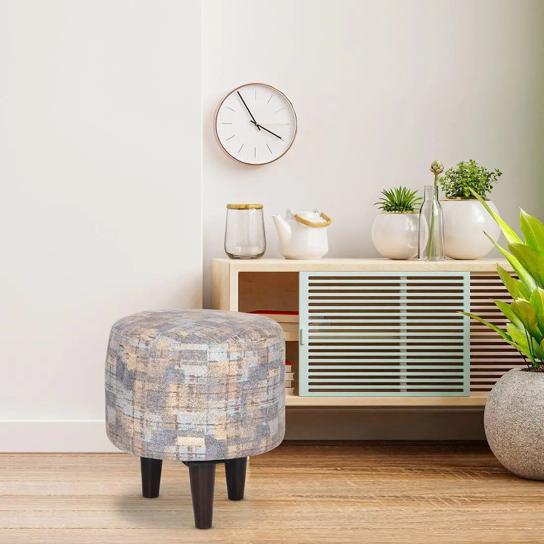 DOE BUCK ROUND PRINTED GOLD OTTOMAN WITH METAL LEG - Ouch Cart
