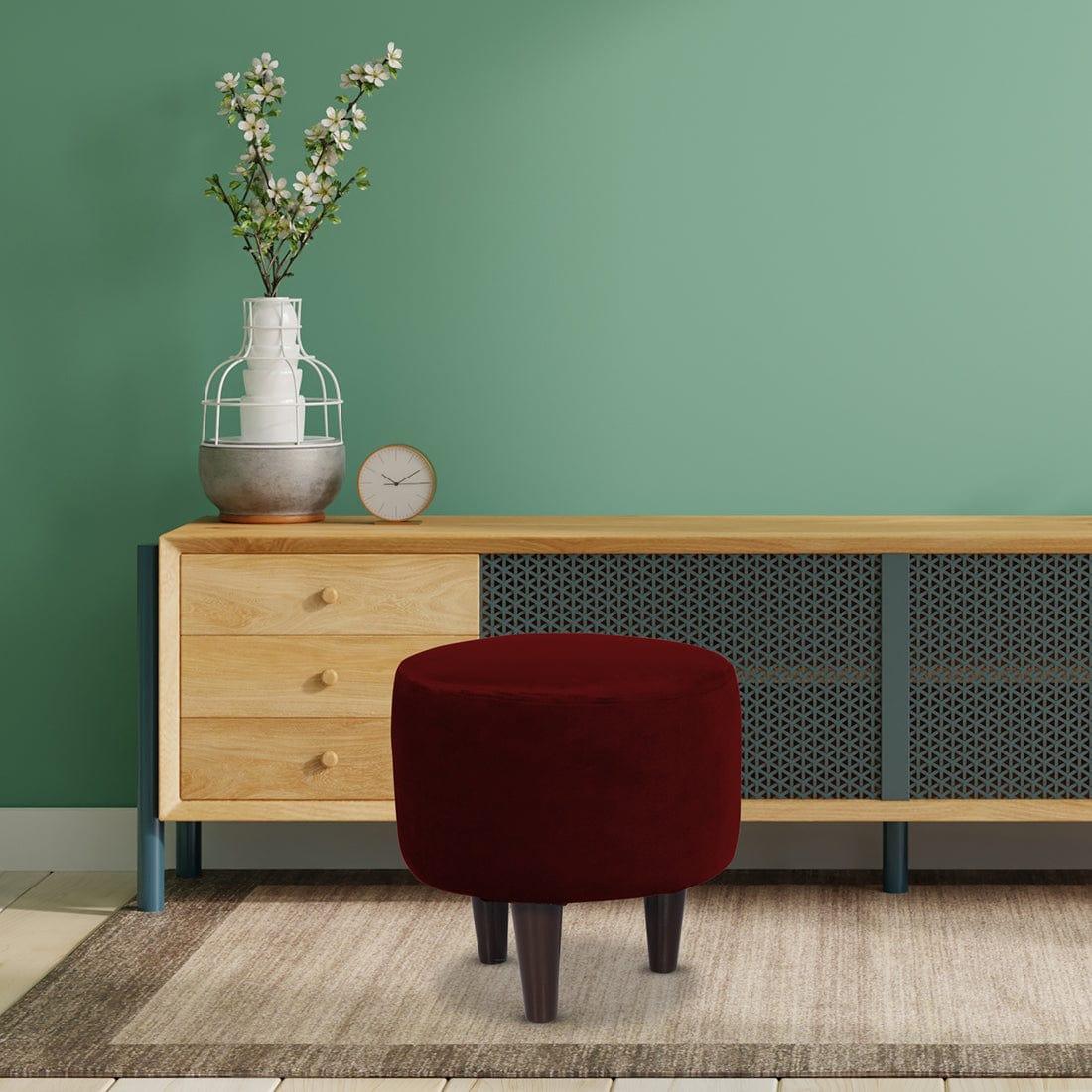 DOE BUCK ROUND VELVET OTTOMAN WITH WOODEN LEG IN MEHROON - Ouch Cart