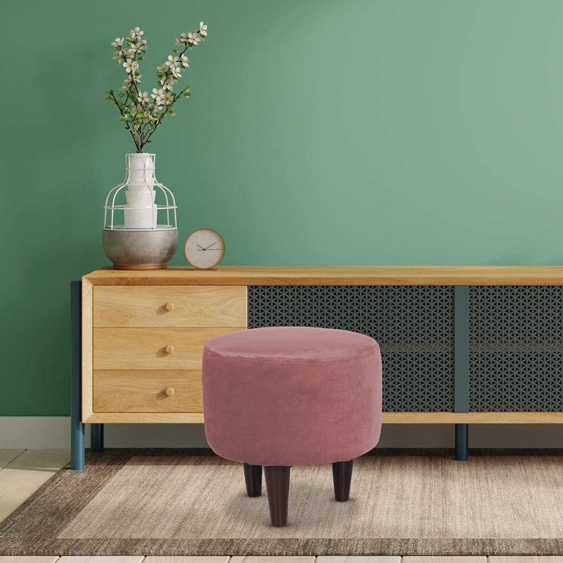 DOE BUCK ROUND VELVET OTTOMAN WITH WOODEN LEG IN PINK - Ouch Cart