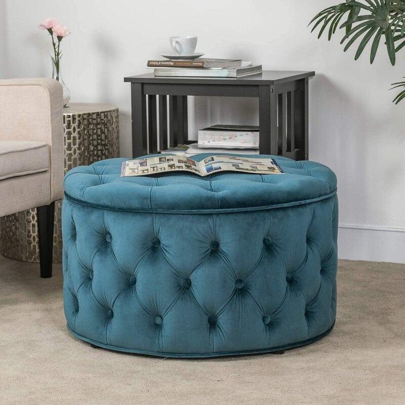 Wide Velvet Tufted Round Storage Ottoman with Storage - Ouch Cart