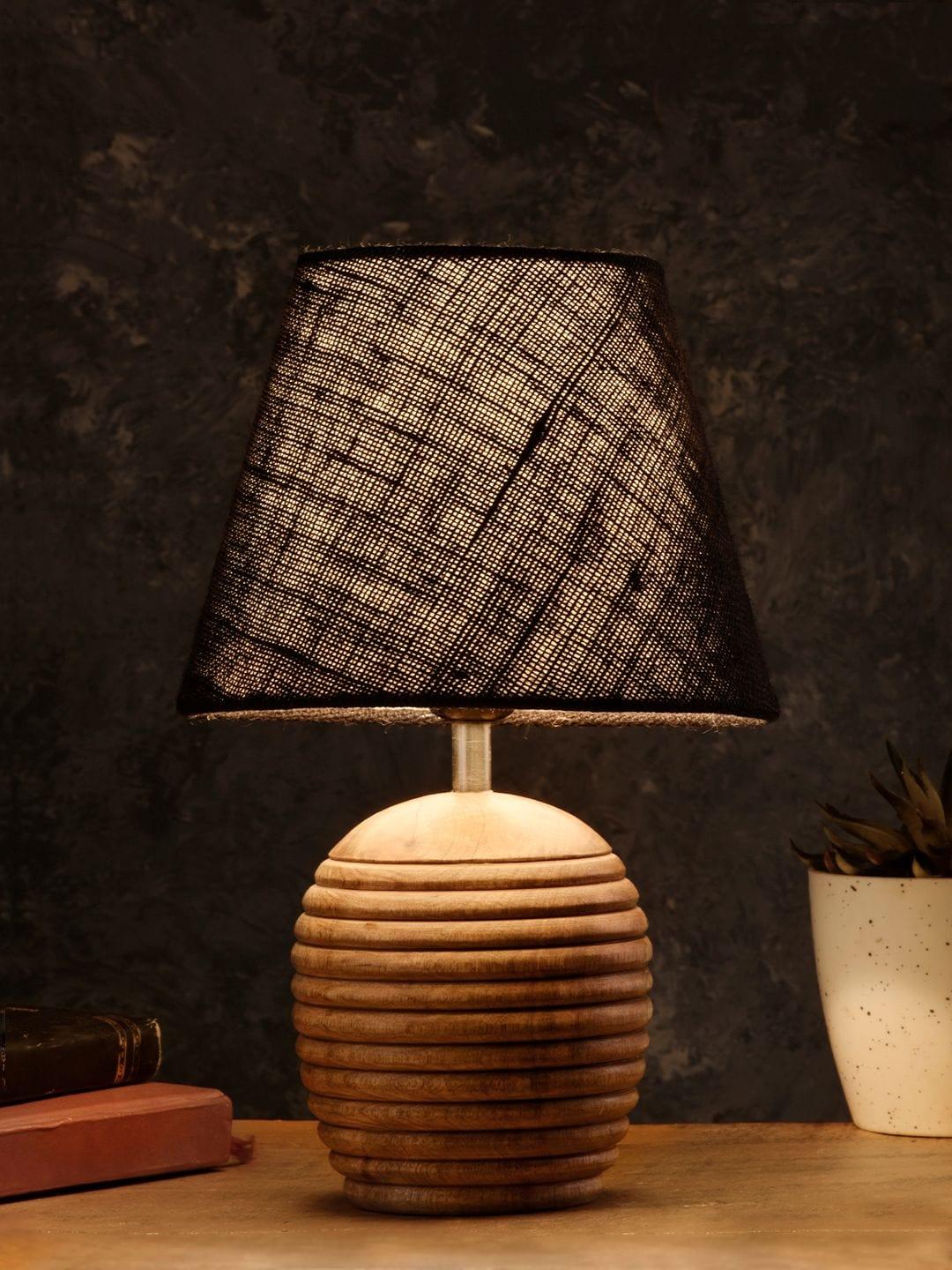 Striped Wooden Brown Lamp with Black Jute Shade - Ouch Cart