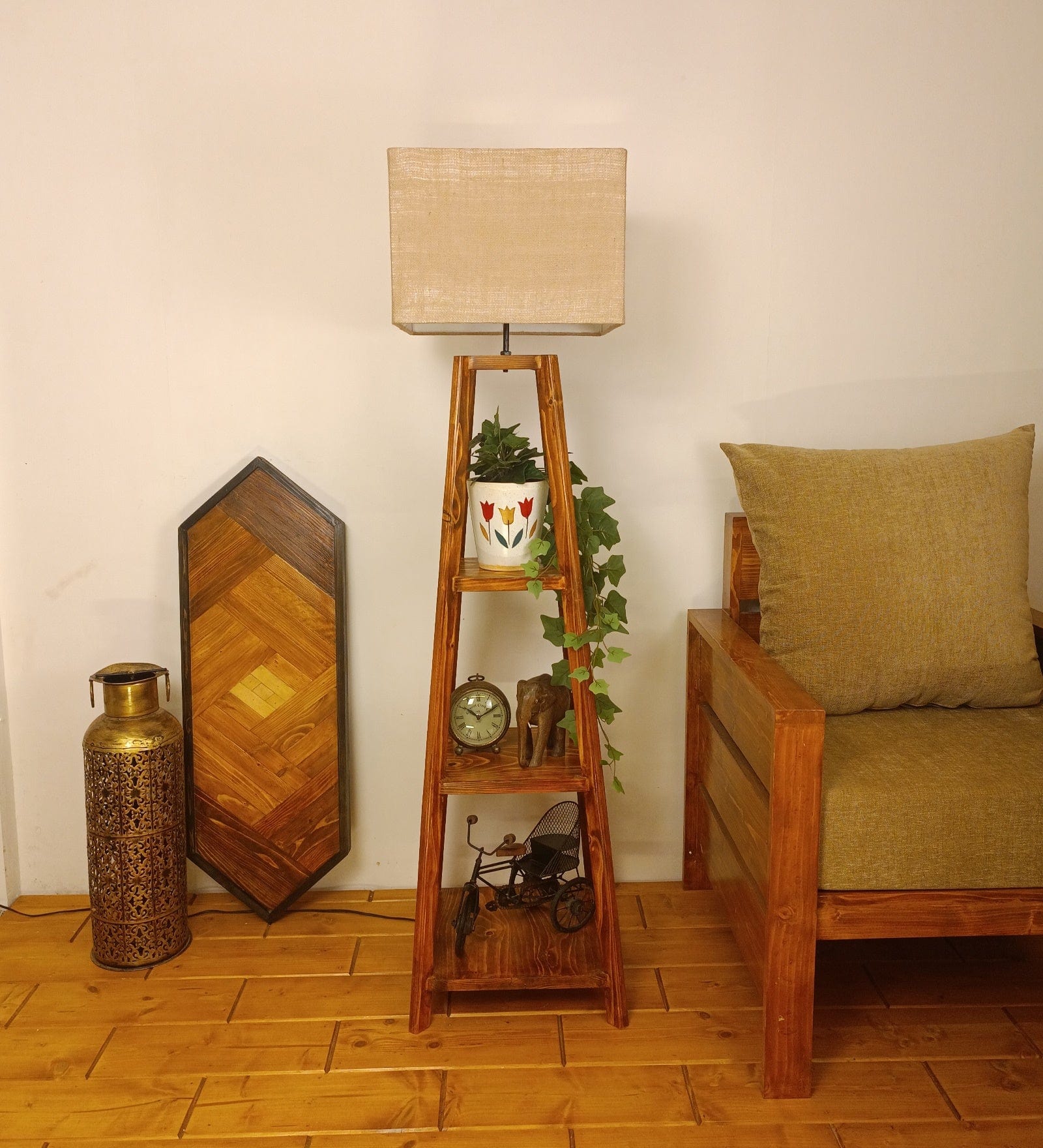 Charlotte Wooden Floor Lamp with Brown Base and Jute Fabric Lampshade (BULB NOT INCLUDED)