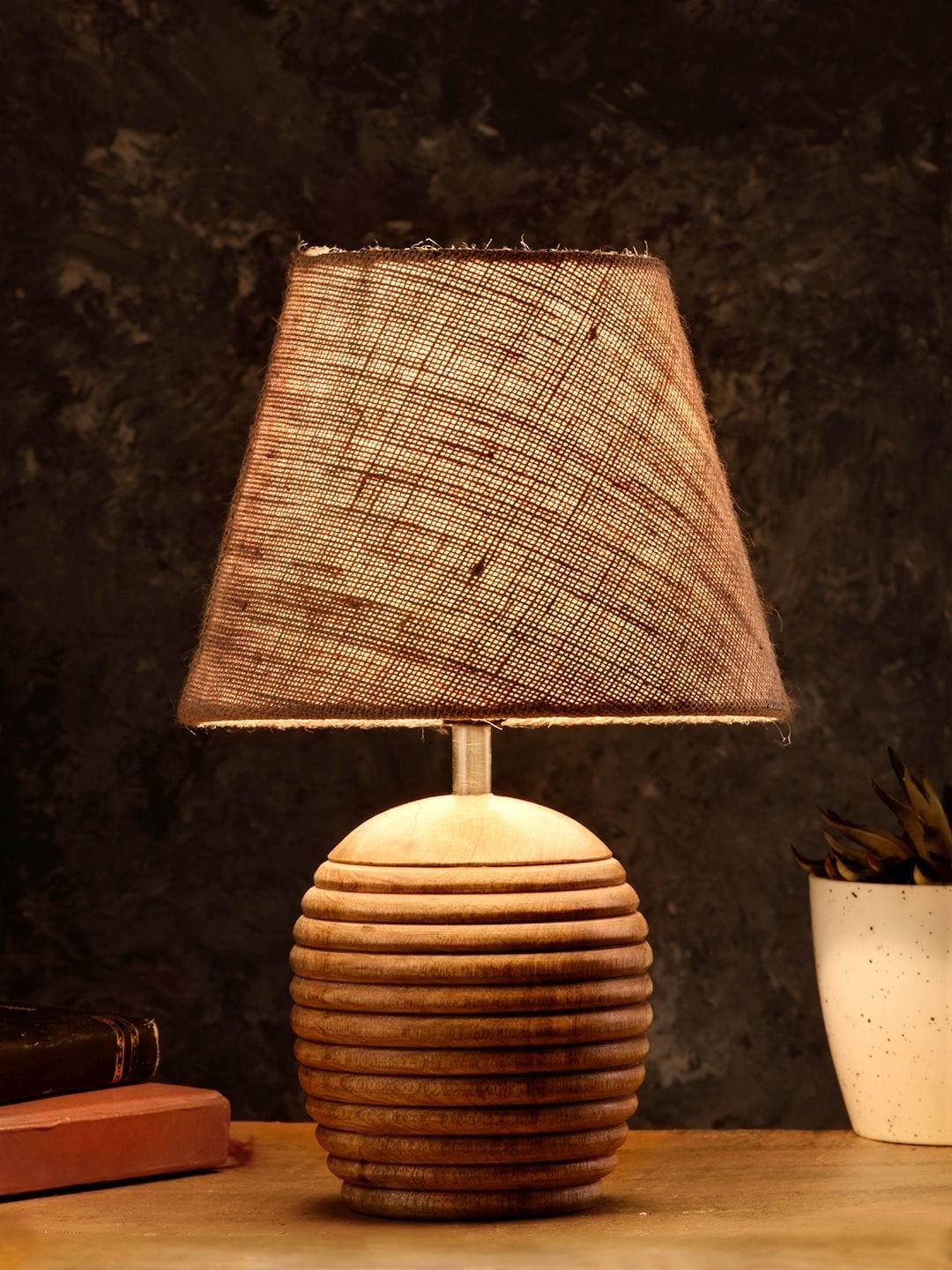 Striped Wooden Brown Lamp with Brown Jute Shade - Ouch Cart
