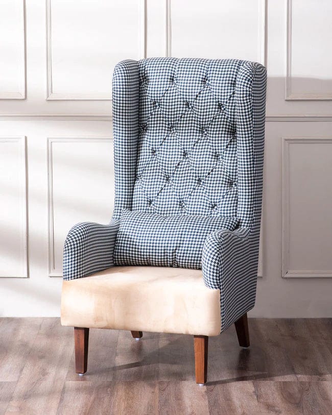 Houndstooth Tall-Back Winged Armchair - Blue