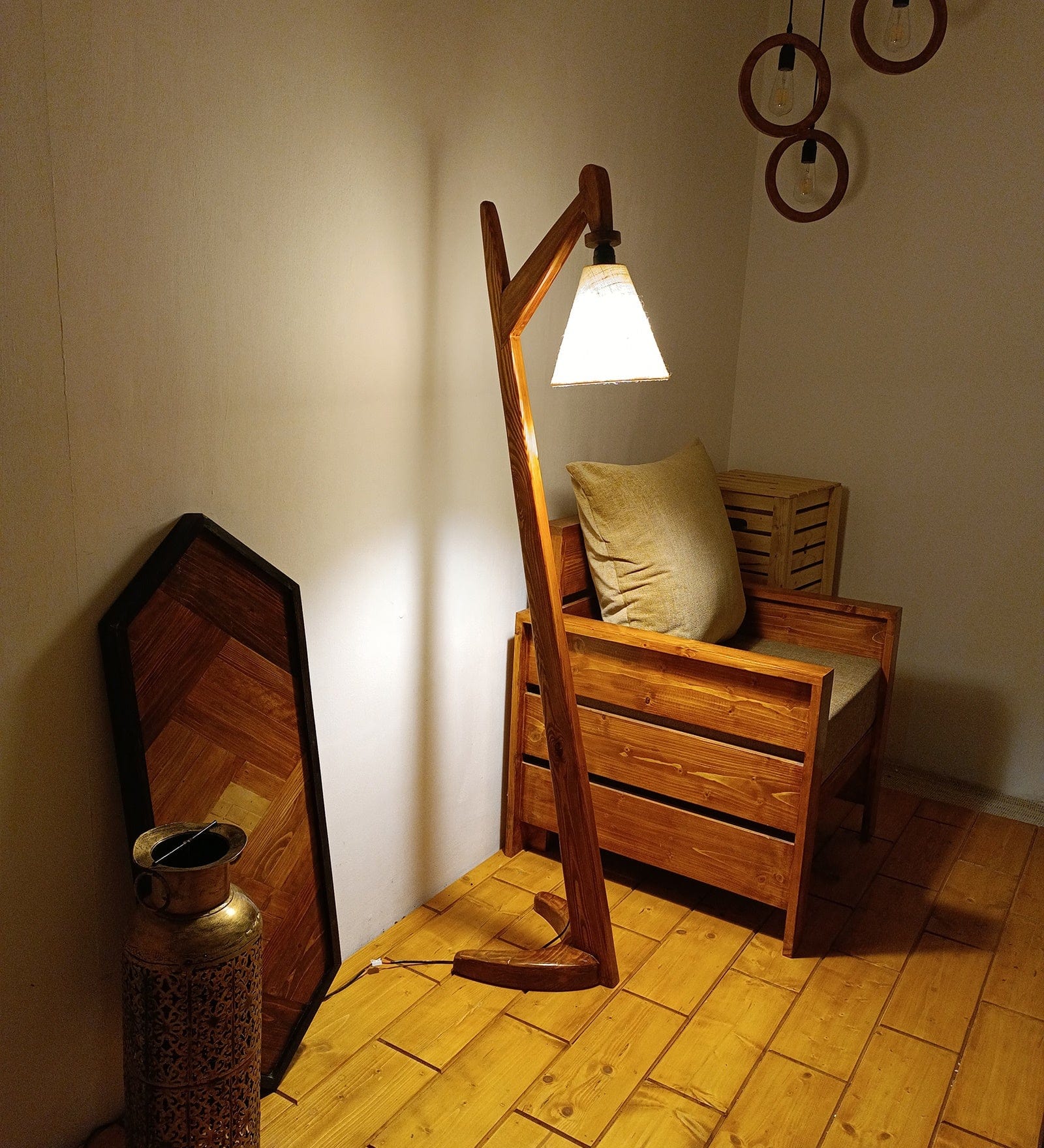 Druid Wooden Floor Lamp with Brown Base and Jute Fabric Lampshade (BULB NOT INCLUDED)