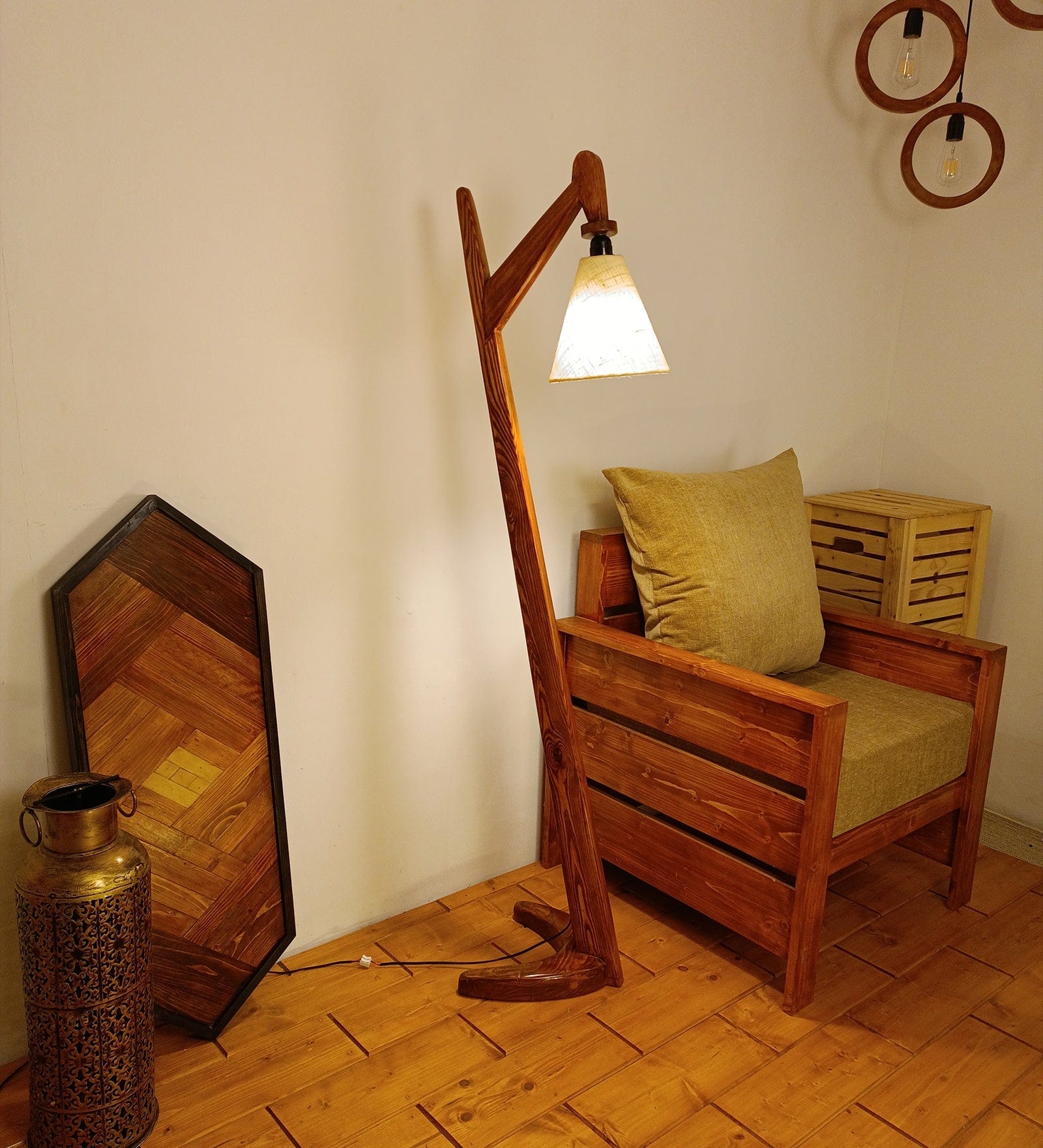 Druid Wooden Floor Lamp with Brown Base and Jute Fabric Lampshade (BULB NOT INCLUDED)