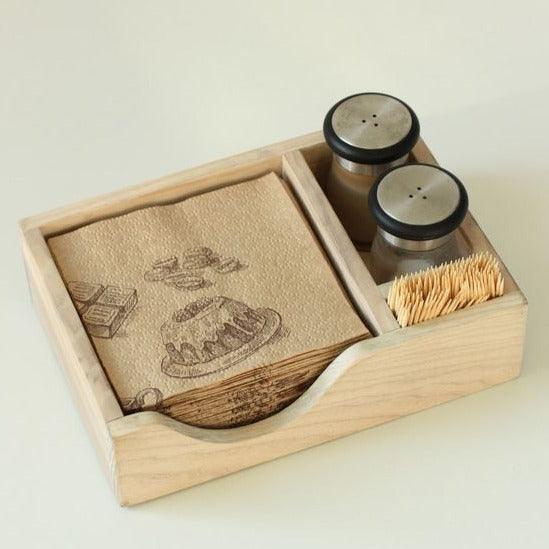 Wooden Tissue Napkin Holder With Salt Pepper Sprinkler Organizer With Complementary Coaster By Miza