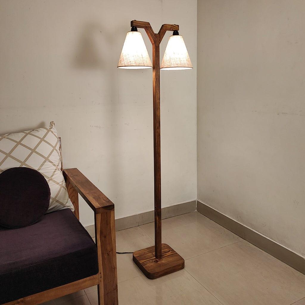 Elania Wooden Floor Lamp with Brown Base and Beige Fabric Lampshade (BULB NOT INCLUDED) - Ouch Cart