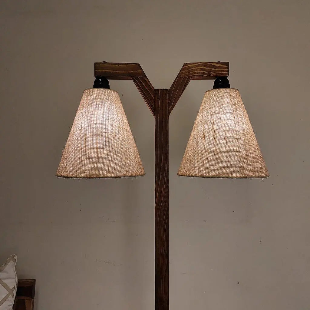 Elania Wooden Floor Lamp with Brown Base and Beige Fabric Lampshade (BULB NOT INCLUDED) - Ouch Cart