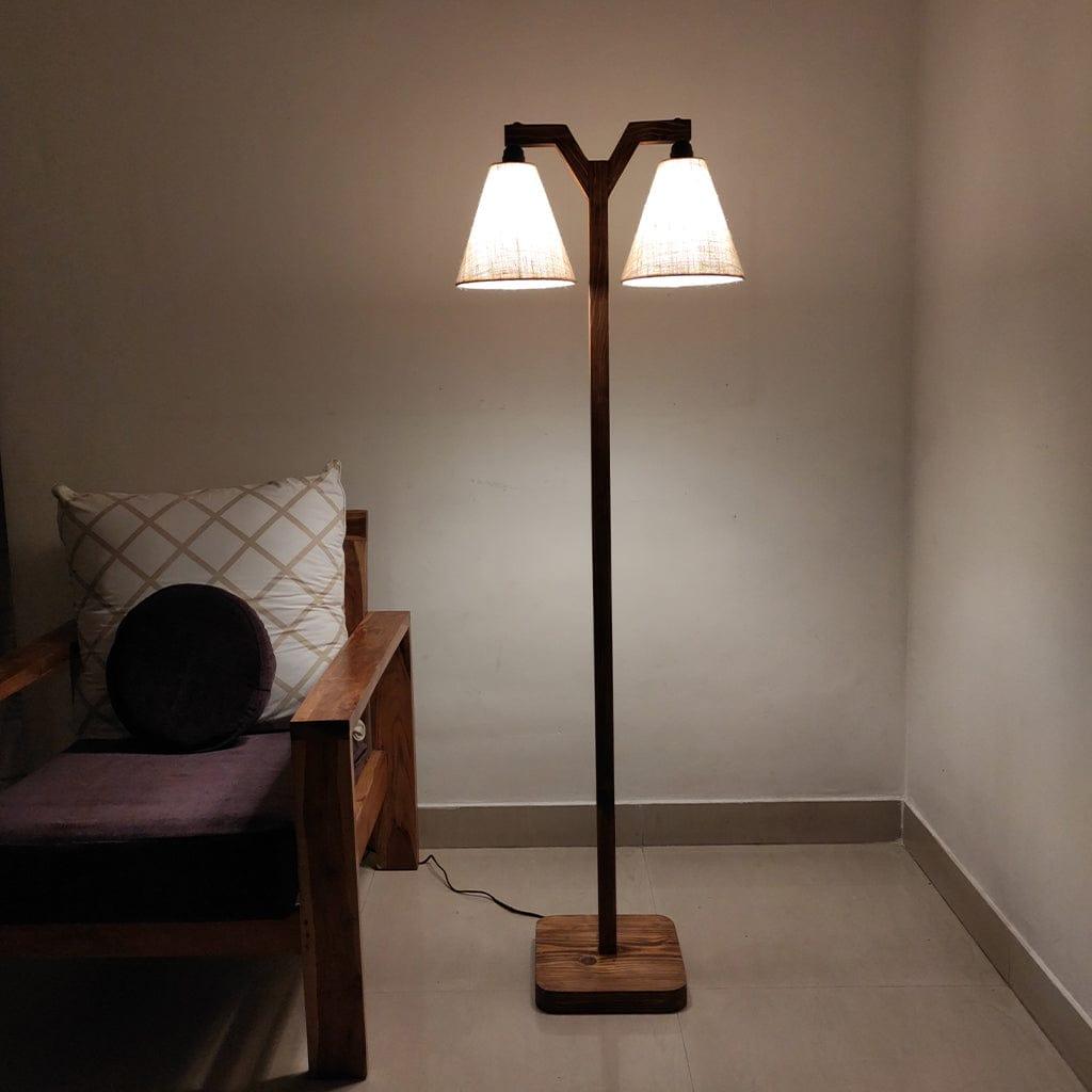 Elania Wooden Floor Lamp with Brown Base and Beige Fabric Lampshade (BULB NOT INCLUDED) - Ouch Cart