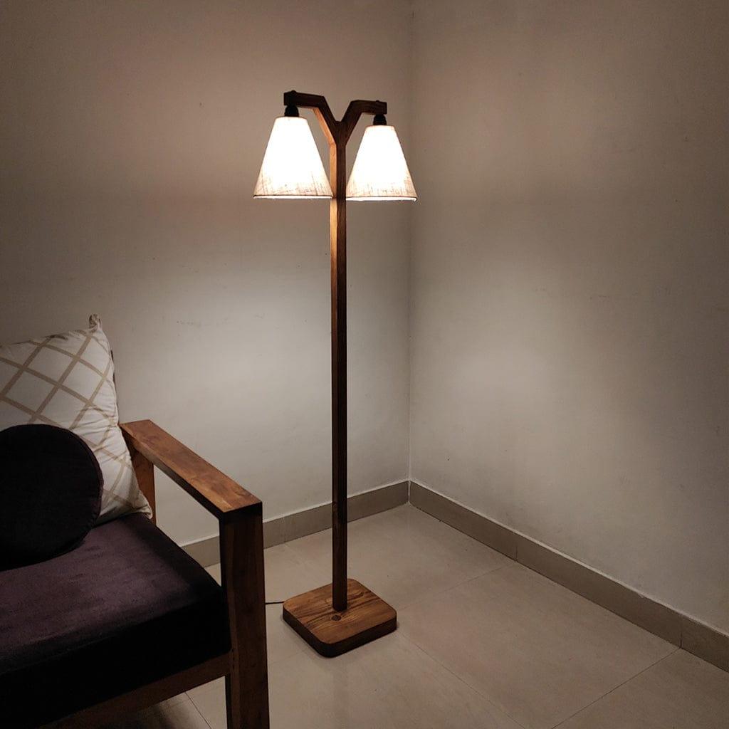 Elania Wooden Floor Lamp with Brown Base and Beige Fabric Lampshade (BULB NOT INCLUDED) - Ouch Cart